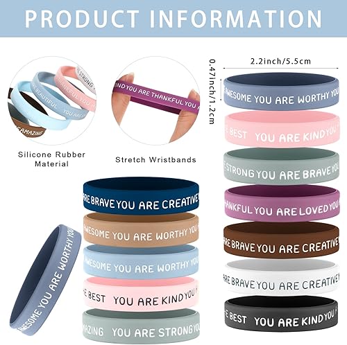 Miniatura 2 de Roowest 120 pulseras motivacionales a granel para estudiantes, bandas de goma inspiradoras, pulseras de silicona de afirmación elástica, premios de