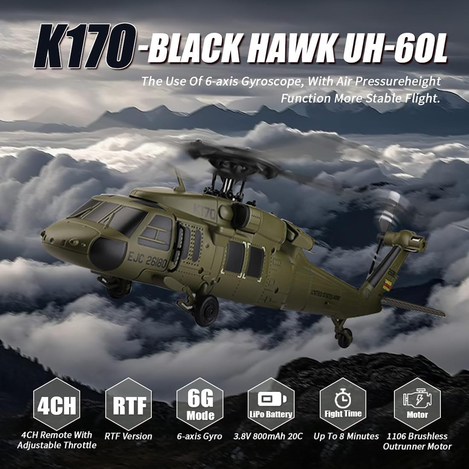 K170 UH60L Zdalnie sterowany helikopter Samolot 2.4Ghz 4CH RC Helikopter Bez lotek 6-osiowy Żyroskop Wysokość dla dorosłych początkujących