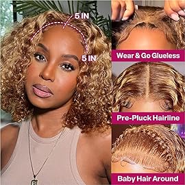 Ailwelia Curly Bob Wig Human Hair Deep Wave 200% Density 5x5 HD Lace Closure Wigs Human Hair Bob Wigs For Black Women Wear And Go Glueless Curly Wig Highlight Color 14 Inch