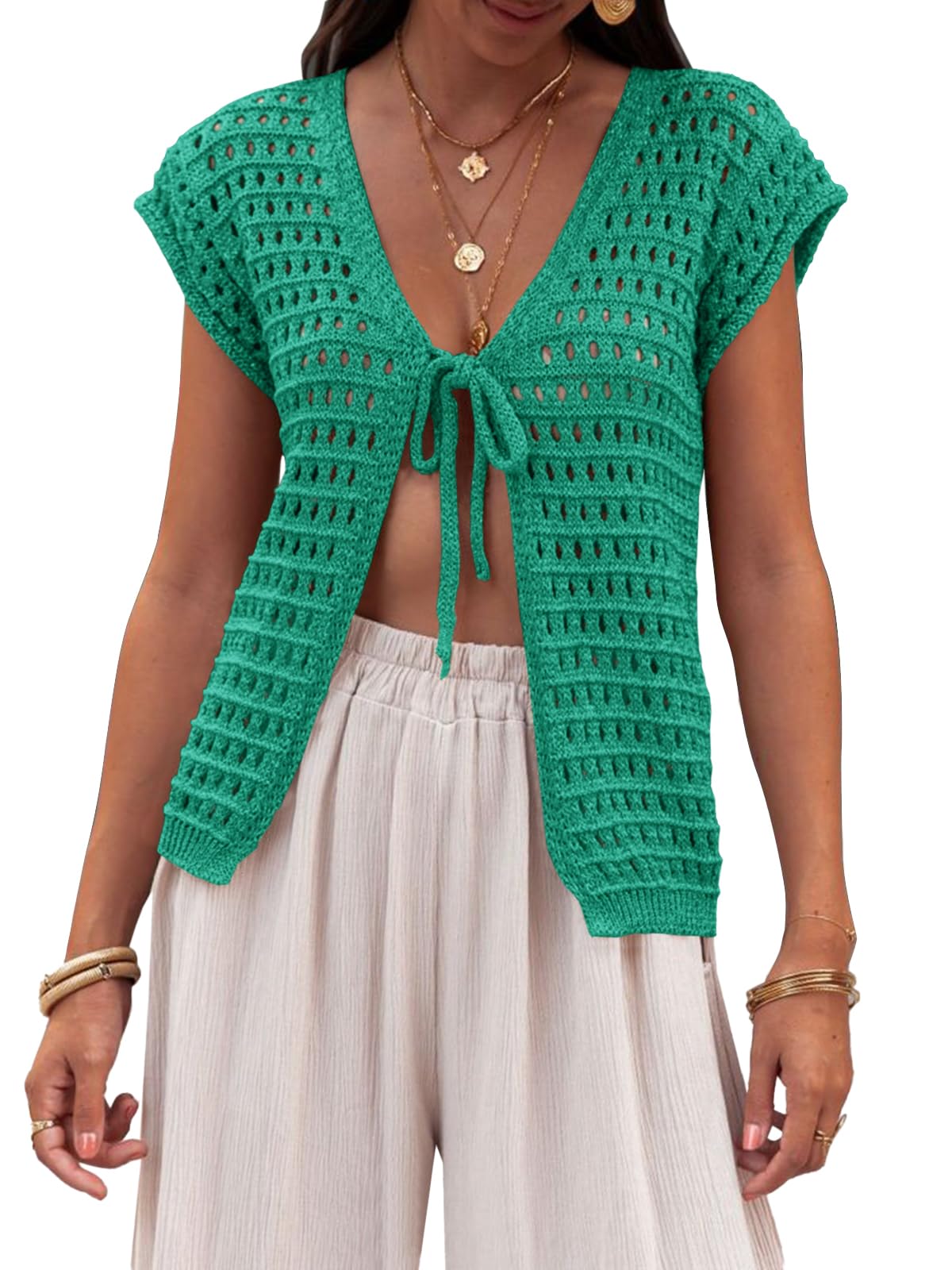 Saodimallsu Womens Tie Crochet Shrug Short Sleeve Open Front Lightweight Knit Cropped Cardigan Sweaters Cover Up