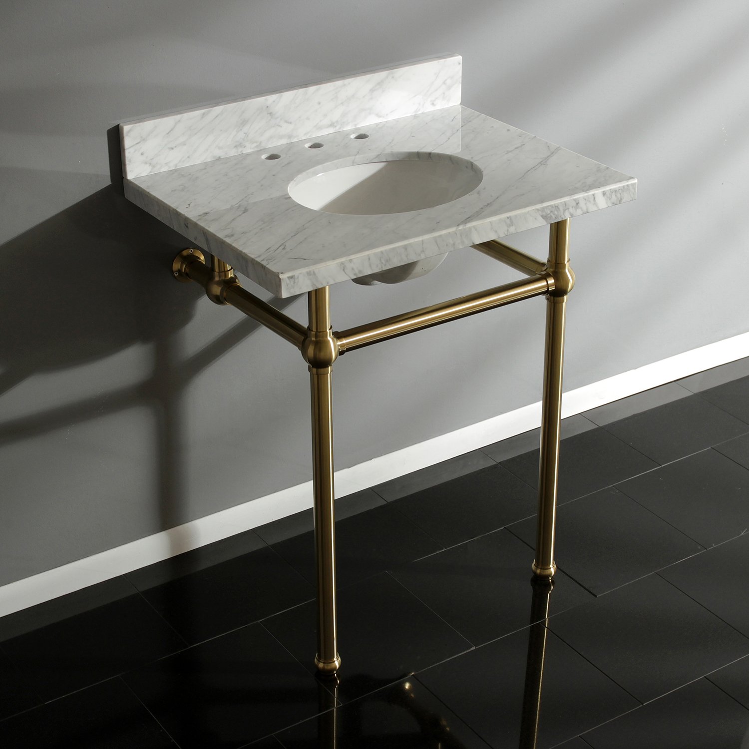 Kingston Brass Fauceture KVPB30MB7 Templeton Carrara Marble Bathroom Console Vanity with Brass Pedestal, Carrara Marble/Brushed Brass