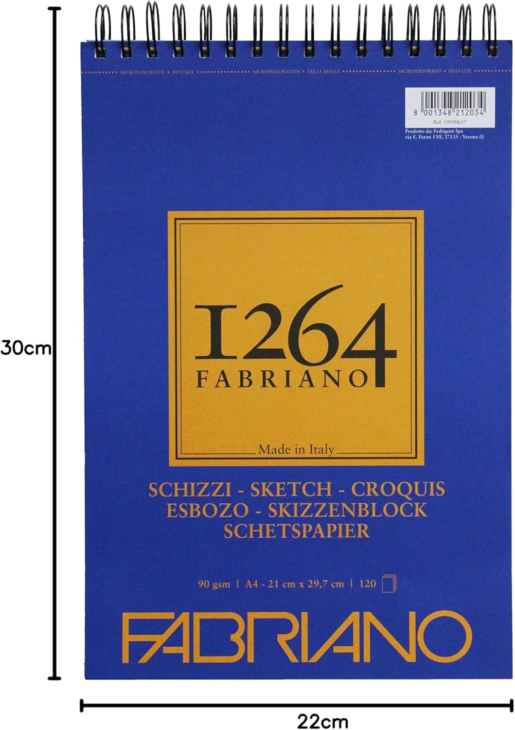 Honsell 19100637 - Fabriano Schizzi Sketch Pad 1264 with Spiral Head, 90 g/m², DIN A4, 120 Sheets of Sketch Paper in Ivory White, Acid-Free, Slightly Grained, for All Drying Techniques