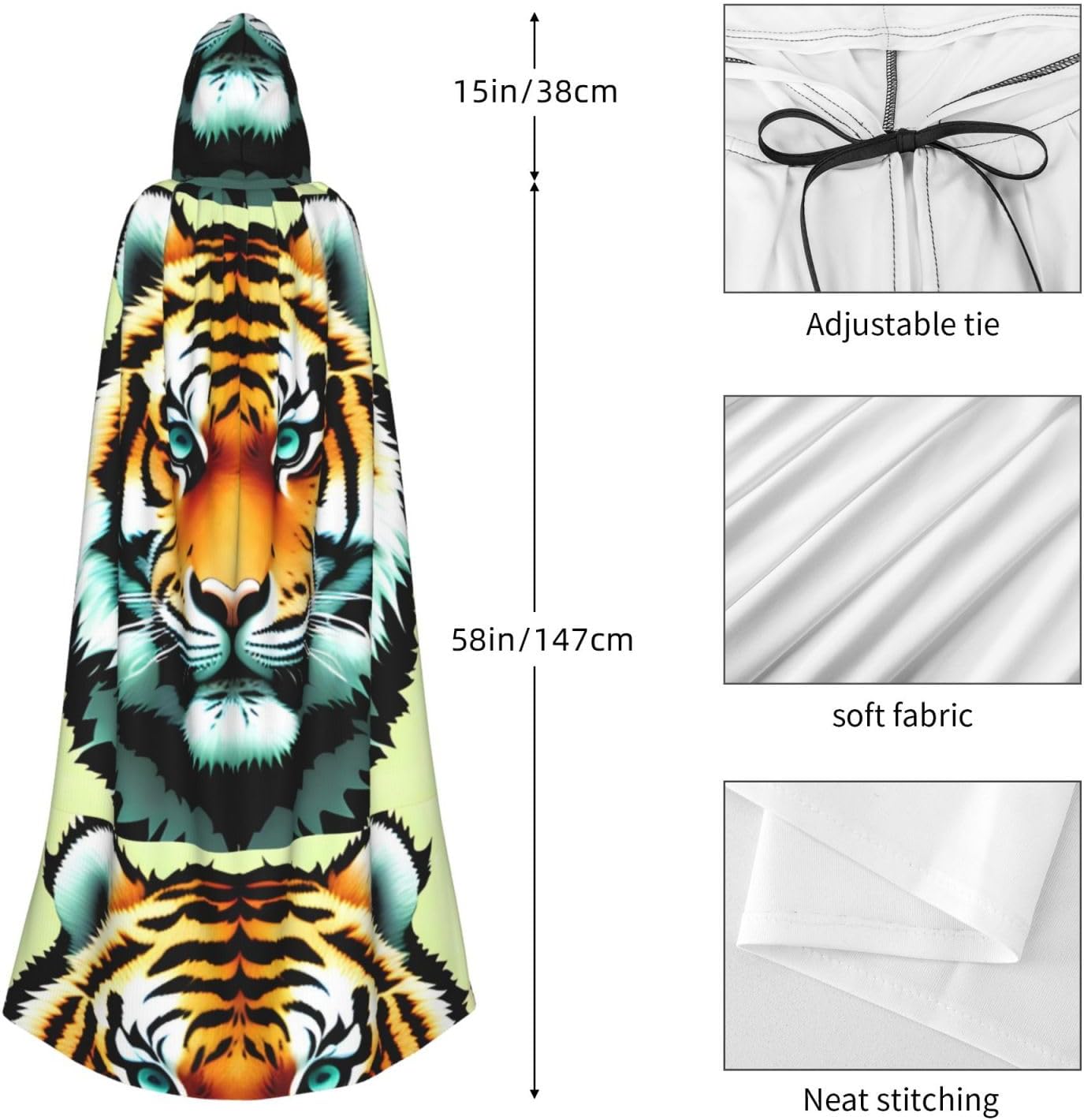 Little Fat Tiger Head Men Women Halloween Role Play Party Decoration Hooded Poncho Black