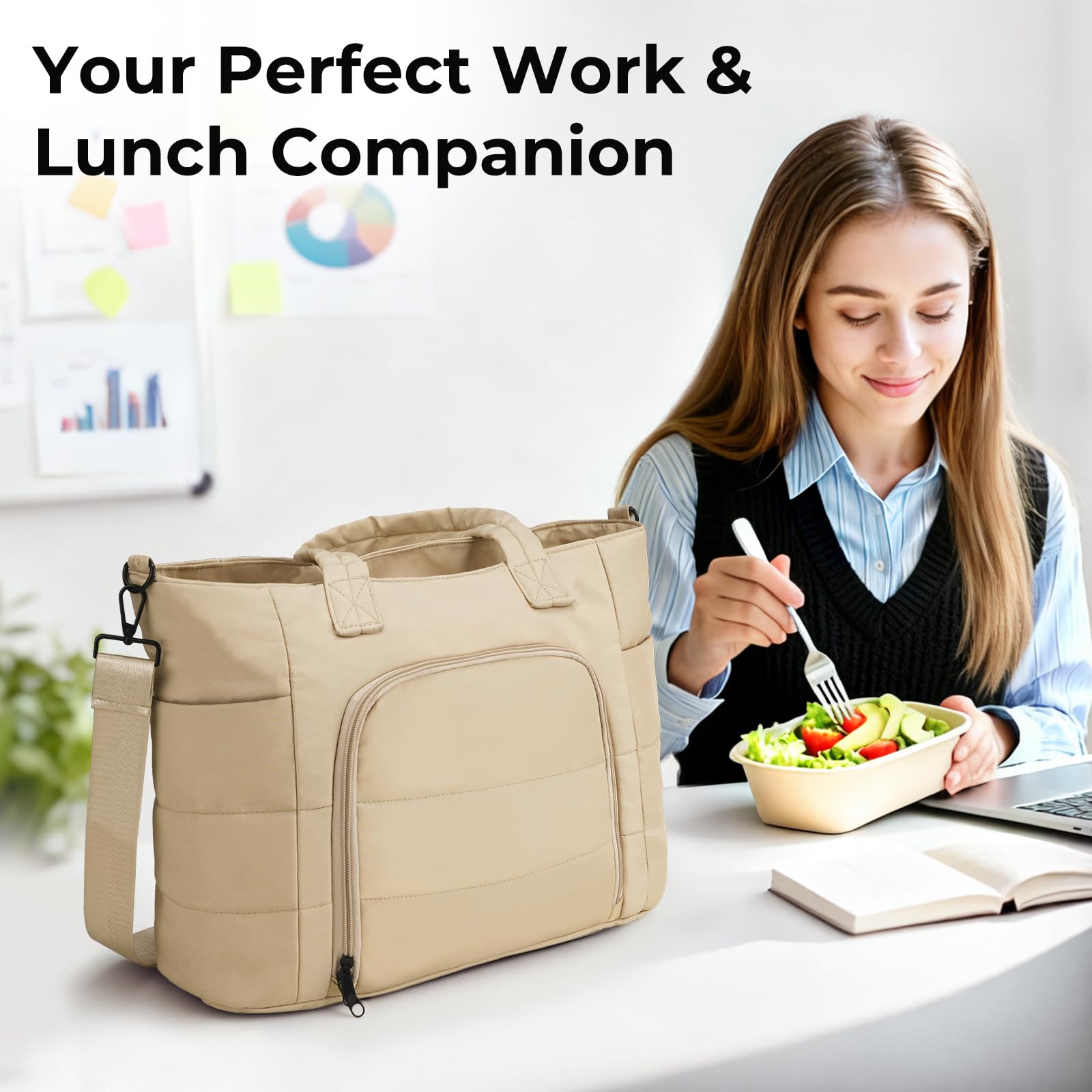 Dadanism Torba na lunch dla kobiet, wyściełana torba na laptopa o przekątnej 15,6 cala z izolowaną komorą na lunch, pikowana torba o dużej pojemności z portfelem do pracy biura uniwersytetu, szary
