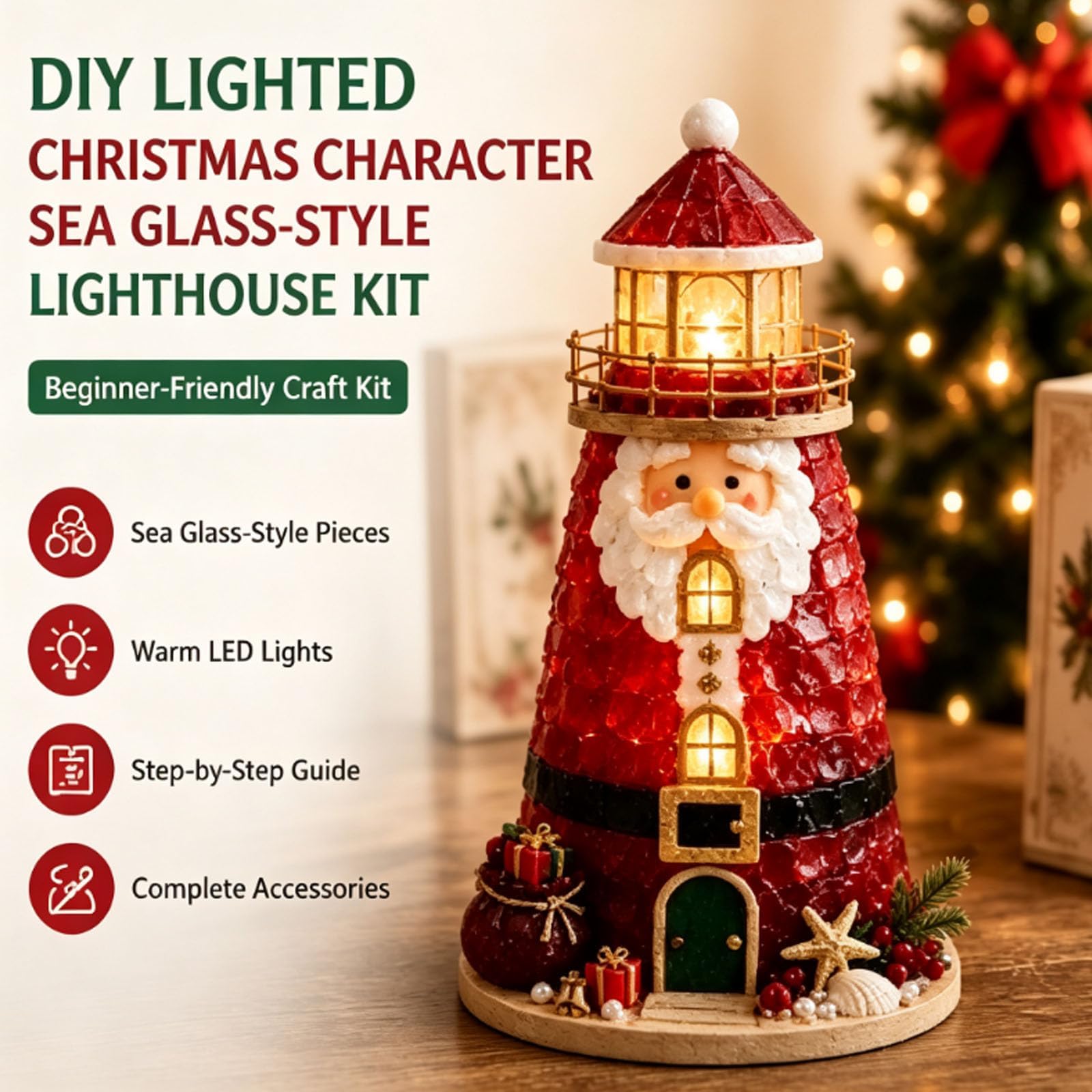 Kit fai da te illuminato per principianti, motivo: faro, in stile vetro marino, luci a LED e guida, 3D fatto a mano per decorare la casa, rosa