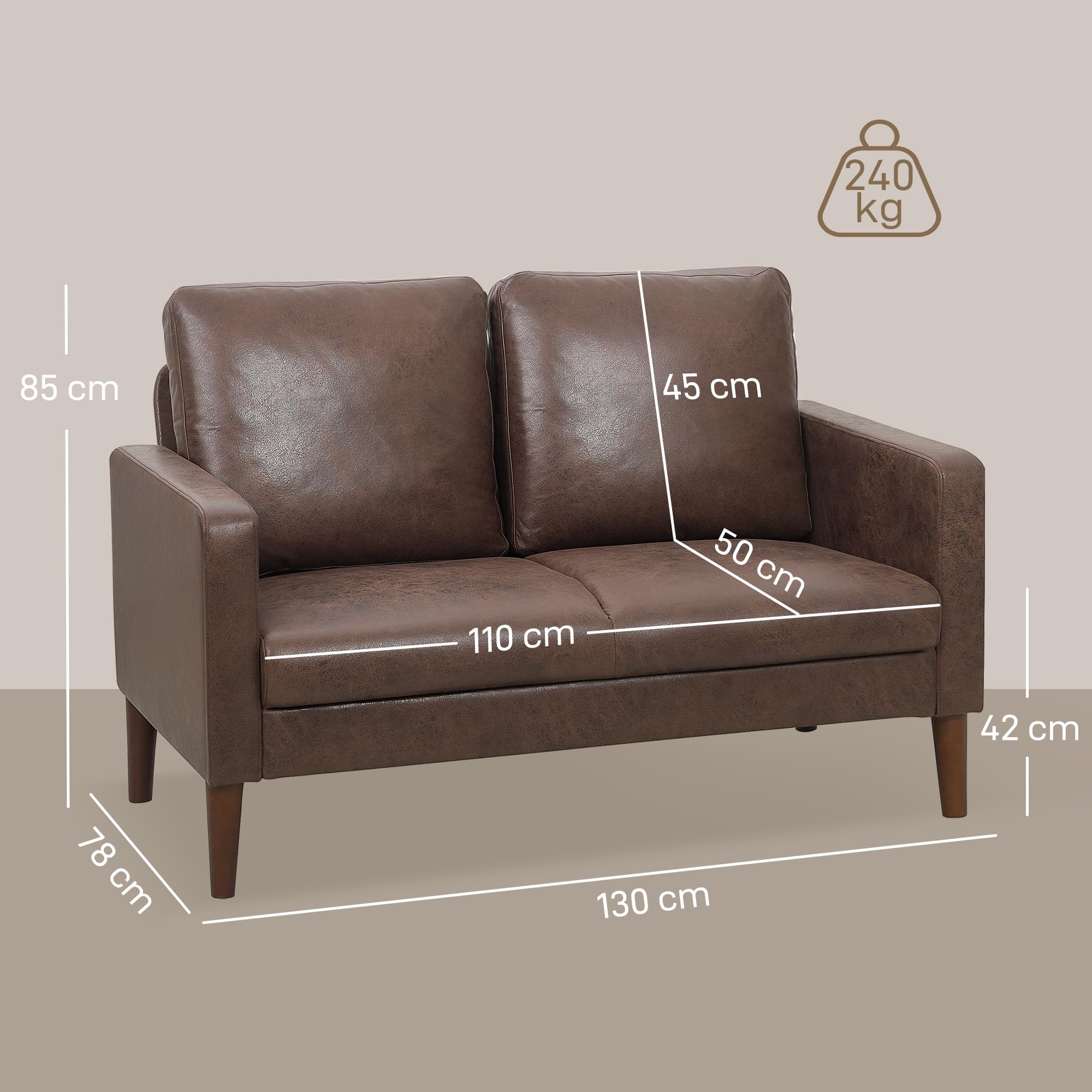 HOMCOM Divano 2 Posti Imbottito in Tessuto Effetto Pelle Traspirante con Cuscini e Gambe in Legno di Caucciù, Divanetto Salvaspazio con Braccioli per Soggiorno, Salotto, 130x78x85 cm, Marrone Scuro
