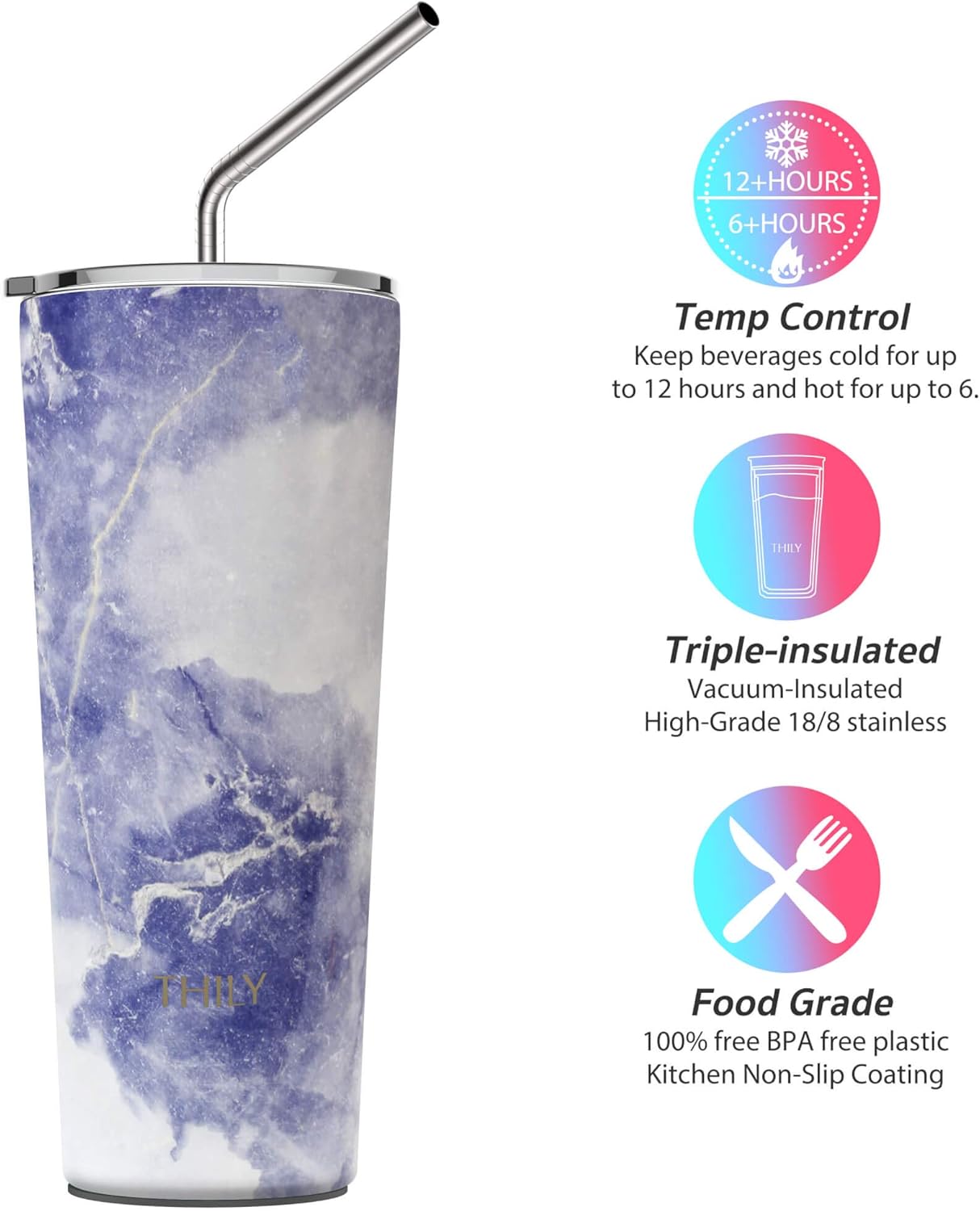 THILY Stainless Steel Vacuum Insulated Tumbler Travel Mug 26 oz Coffee Cup with 2 Lids and Straws, Splash Proof, Keep Ice Drinks Cold, Blue Marble - Image 3