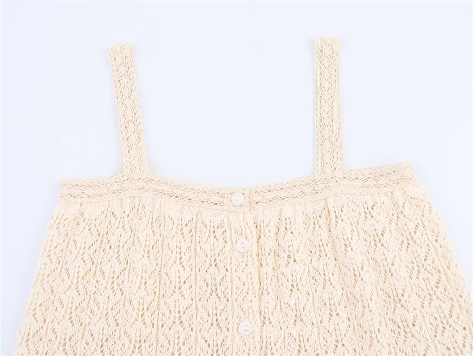 Maglia a Maglia con Scollo Quadrato, Decorazione in Pizzo e Cinturino in Jacquard, da Donna, Casual ed Estiva