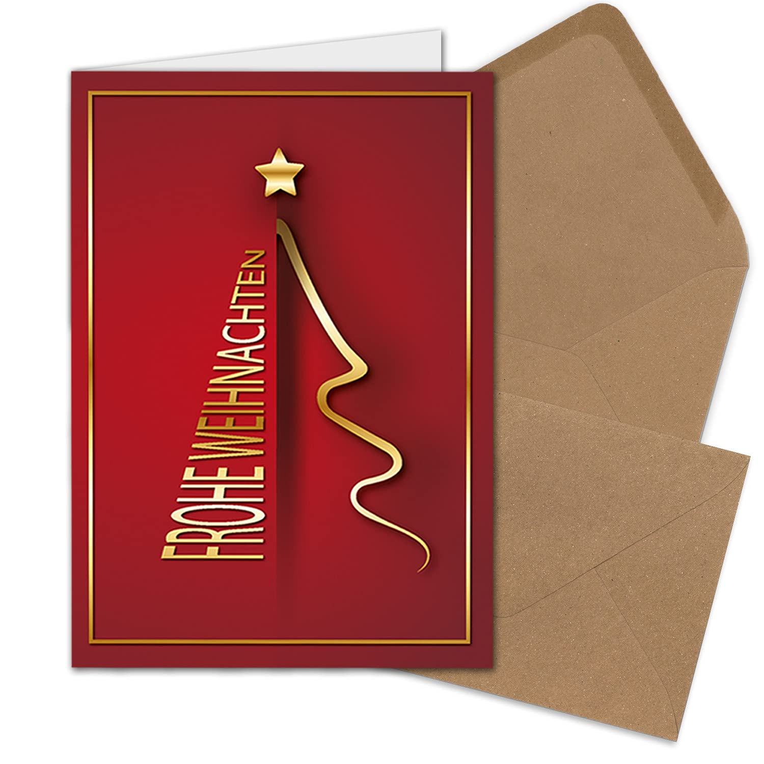 NEUSER PAPIER 200x Weihnachtskarten-Set DIN A6 in Rot mit goldenem Weihnachtsbaum - Faltkarten mit Umschlägen DIN C6 in Kraftpapier Sandbraun mit Nassklebung - Weihnachtsgrüße für Firmen und Privat