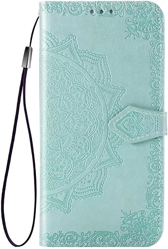 For iPhone 15 Pro Case Flip Phone Case Mandala Embossed Phone Case Shockproof PU Leather Stand View Wallet Bookstyle Case Cover Silicone Bumper Phone Case for iPhone 15 Pro Mint Green