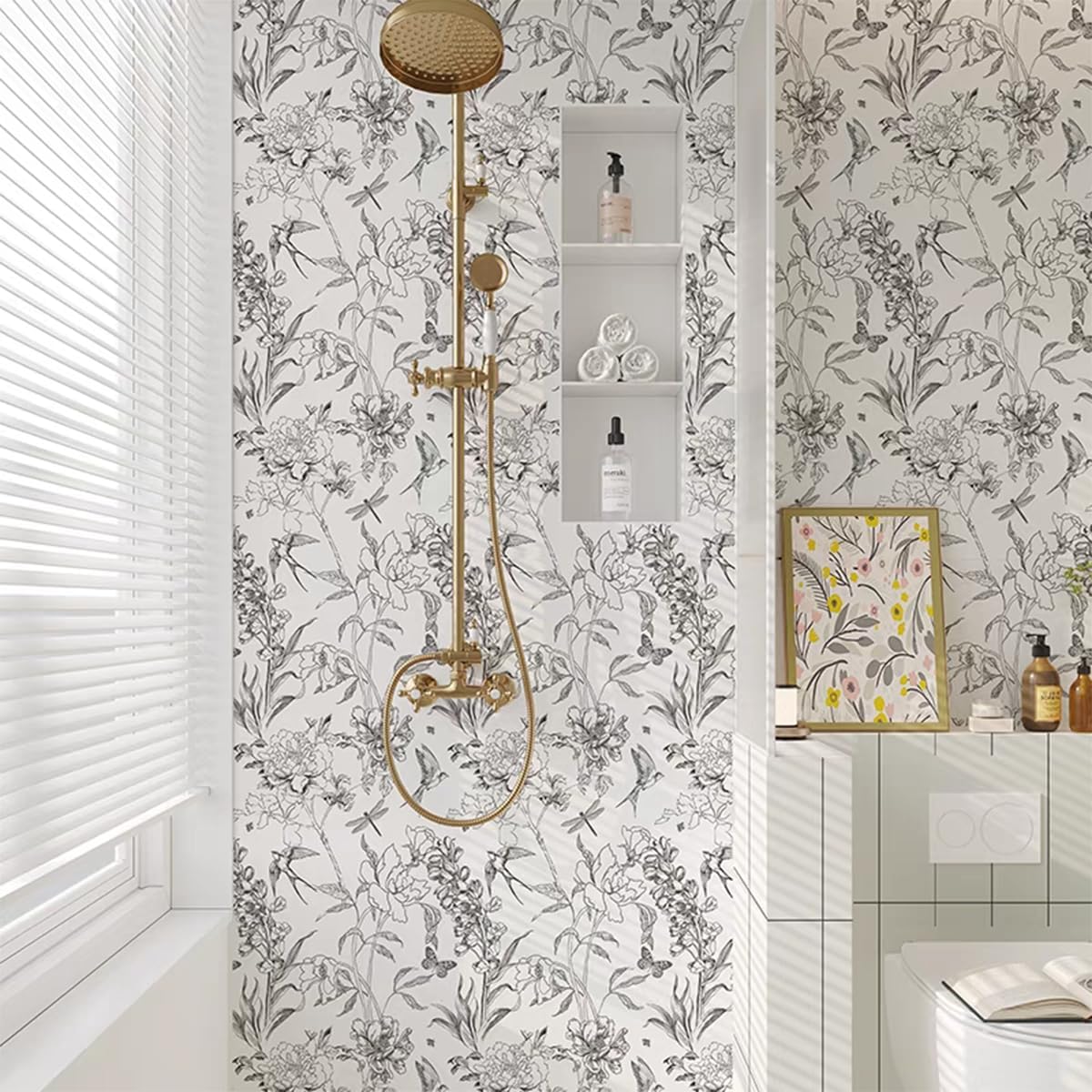 24x117 Inches Elegant Black and White Botanical Floral Wallpaper Contact Paper for Walls Bathroom Kitchen Cabinets Shelves Dresser Drawer Furniture Arts Crafts Decor