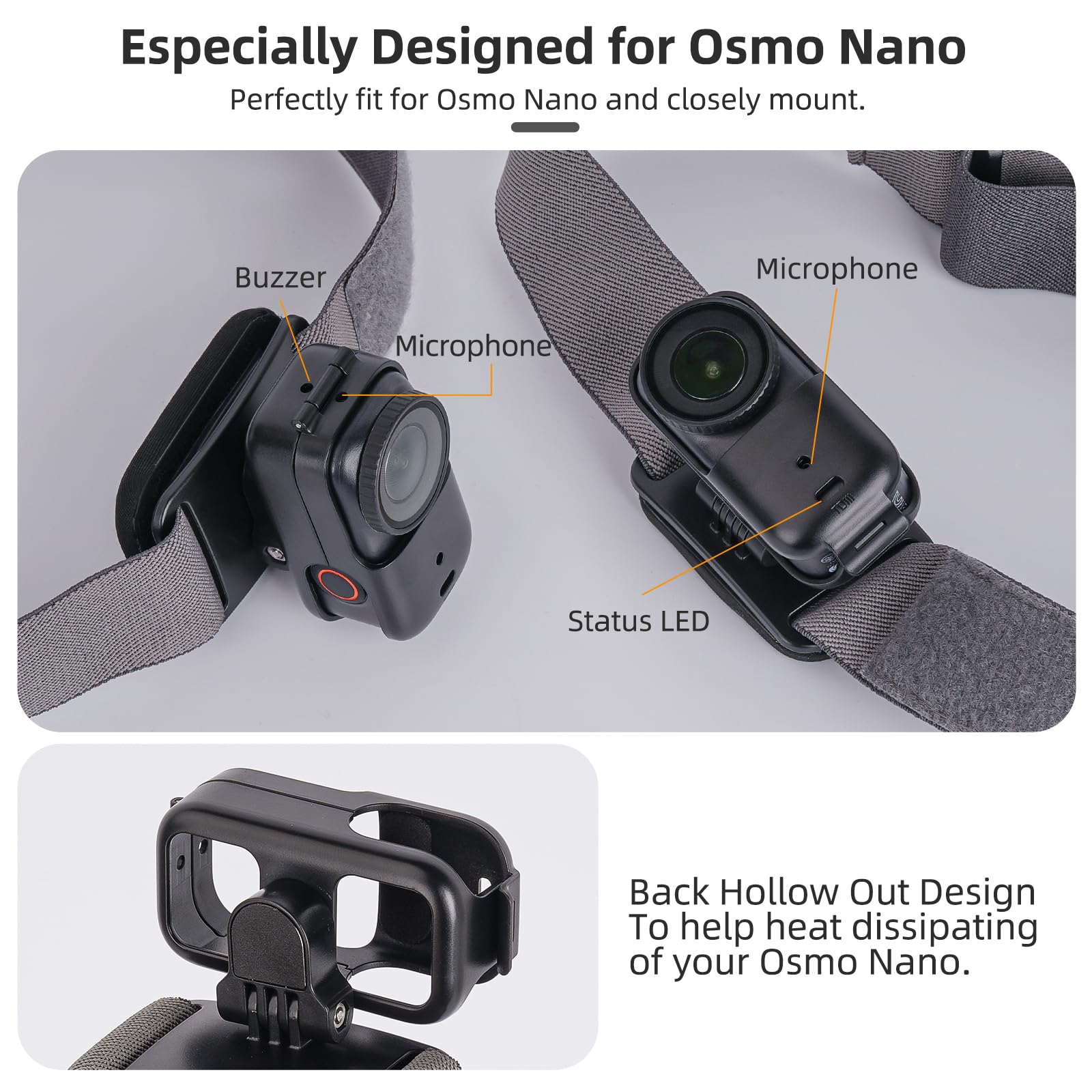 Soporte Arnés para Cabeza Compatible con dji Osmo Nano, Rotación de 360° Ajustable Horizontal-Vertical, Sujeción Manos Libres para Deportes al Aire Libre, Running, Ciclismo, Esquí, Vlogging