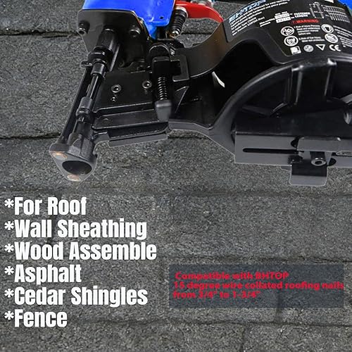 Vista 4 de BHTOP CN45N - Clavadora para techos, pistola de clavos para techos de 15 grados, clavos de bobina de 3/4 a 1-3/4 pulgadas, 120 piezas de capacidad