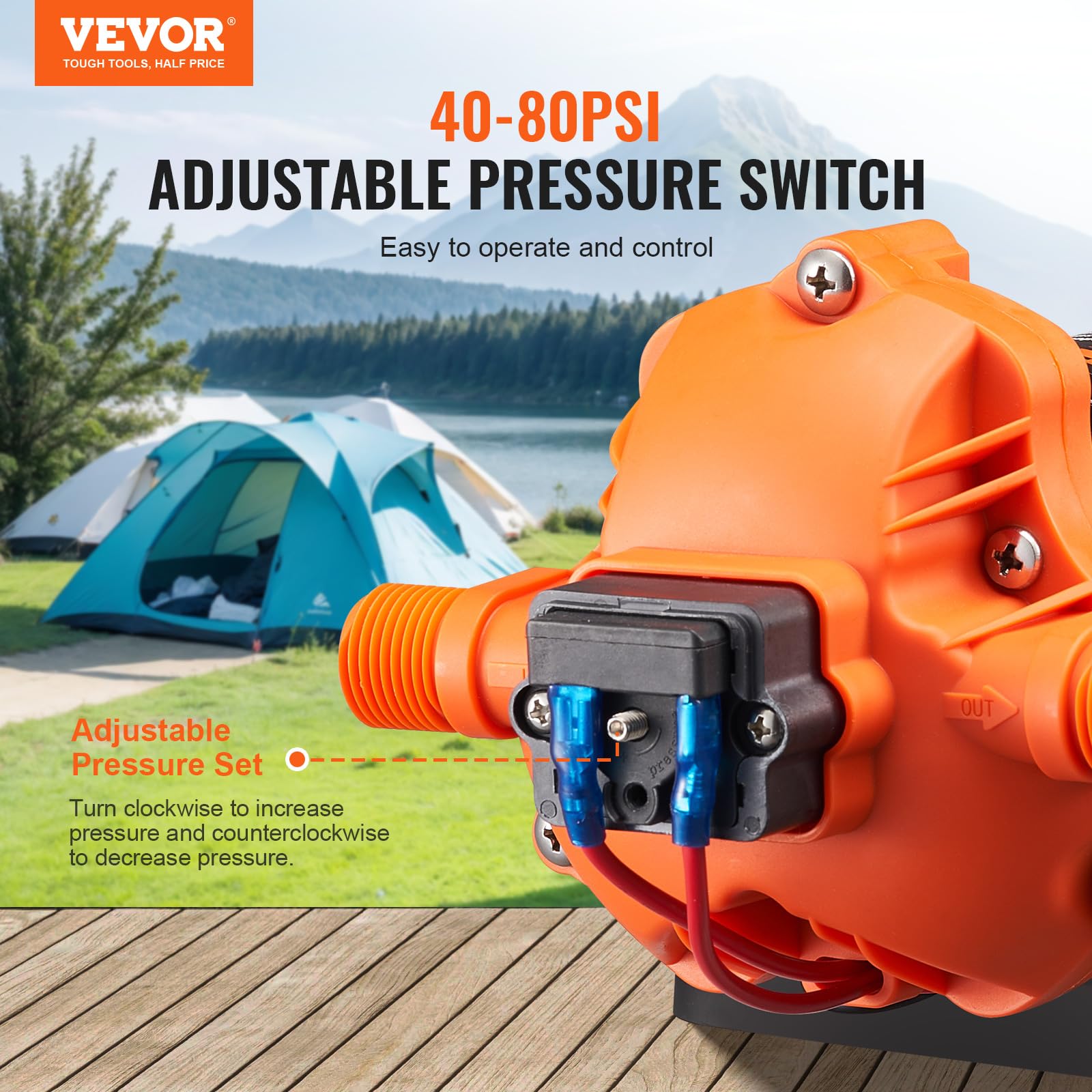 VEVOR Pompa membranowa 12 V, 1,8 GPM, 6,81 l/min, 3-komorowa pompa wodna 12 V DC z automatycznym wyłącznikiem ciśnienia 40 – 100 PSI, 60 PSI, port MNPT do kamperów, jachtów, kamperów, kamperów, łodzi