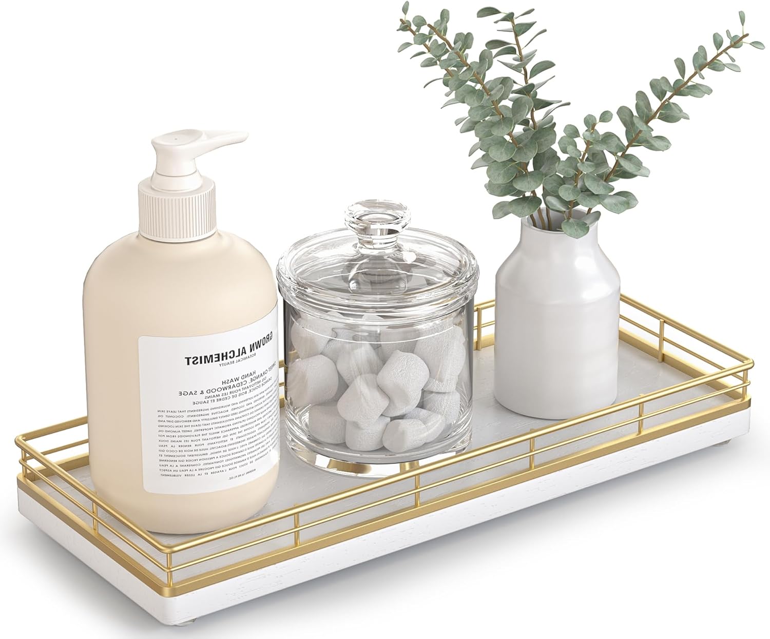 Bathroom Tray for Counter Top Organizer – Oak Wood Vanity Tray with Metal Frame for Dresser, Kitchen, Nightstand – Gold & White Decorative Storage