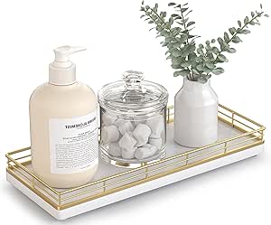 Oak Wood Bathroom Tray with Metal Frame for Countertop Organizer - Gold & White