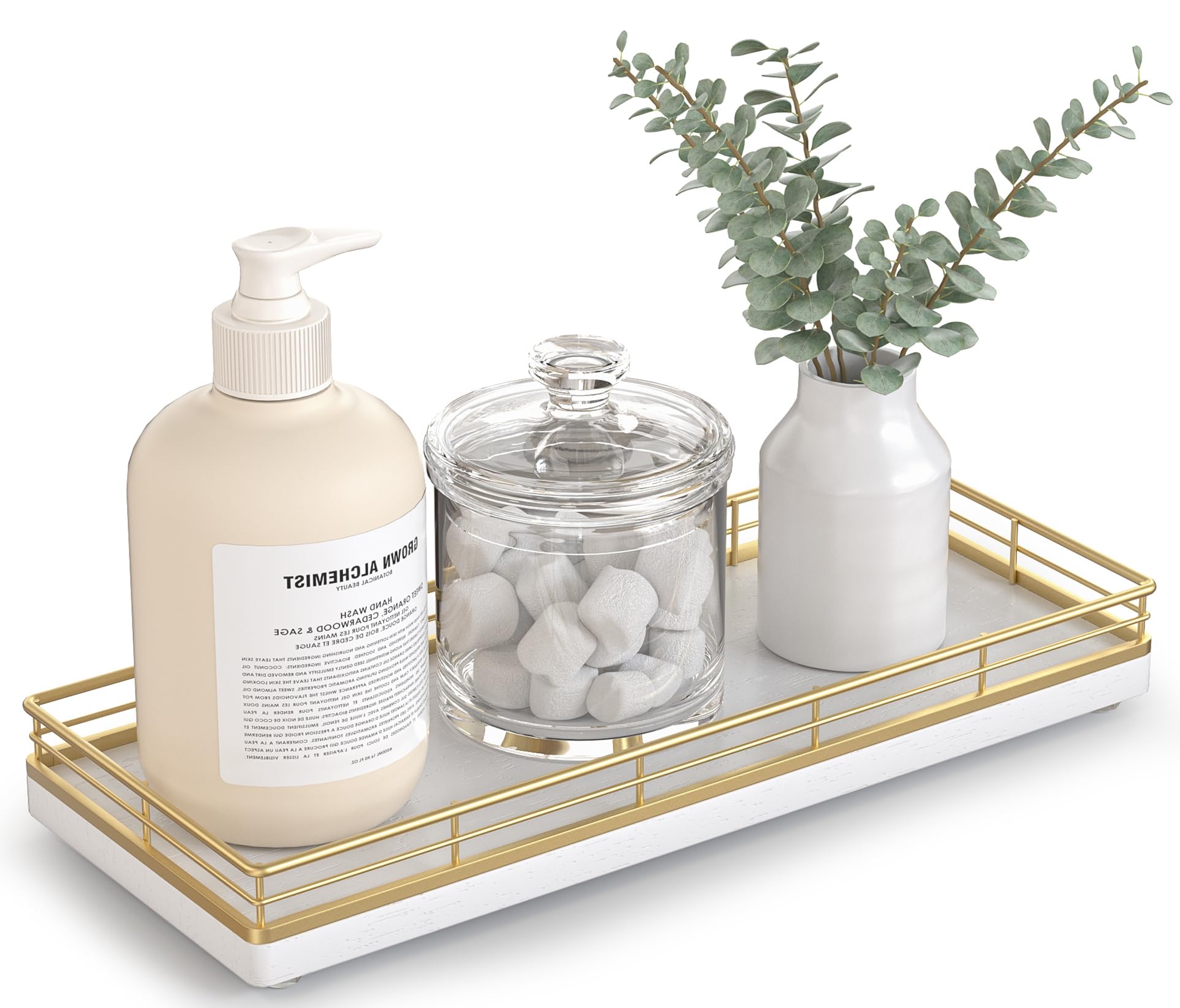 bathroom tray for counter top organizer – oak wood vanity tray with metal frame for dresser, kitchen, nightstand – gold & white decorative storage