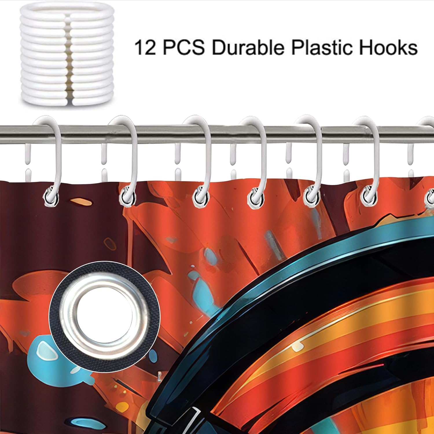 4 Pcs Graffiti DJ Music Headphone Shower Curtain Set, Watercolor Headphone Bath Curtain with Anti-Slip Mat Toilet Cover Carpet Set and 12 Hooks, Black Splash Ink Colorful Teen Boy Bathroom Decor Sets