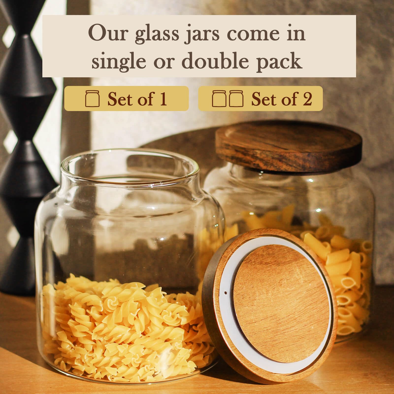 Labina Lot de 2 boîtes de rangement hermétiques en verre avec couvercles en bois, 1600 ml, large ouverture, pour garde-manger, farine, sucre, biscuits, spagetti, noix et bonbons