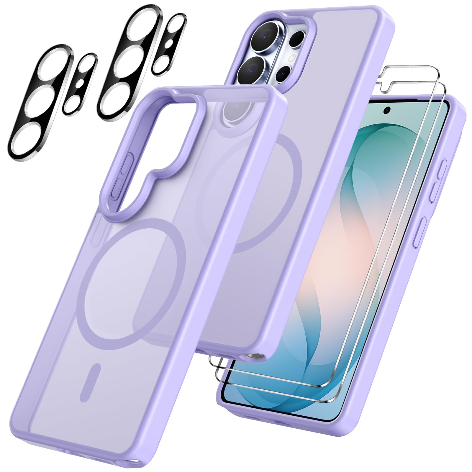 Cover per Samsung Galaxy S26 Ultra 5G Compatibile con 2 vetri temperati e 2 vetri per fotocamera, Translucent Matte Slim Back PC+TPU Bumper Shockproof Compatible Magnetic Cover - Viola chiaro