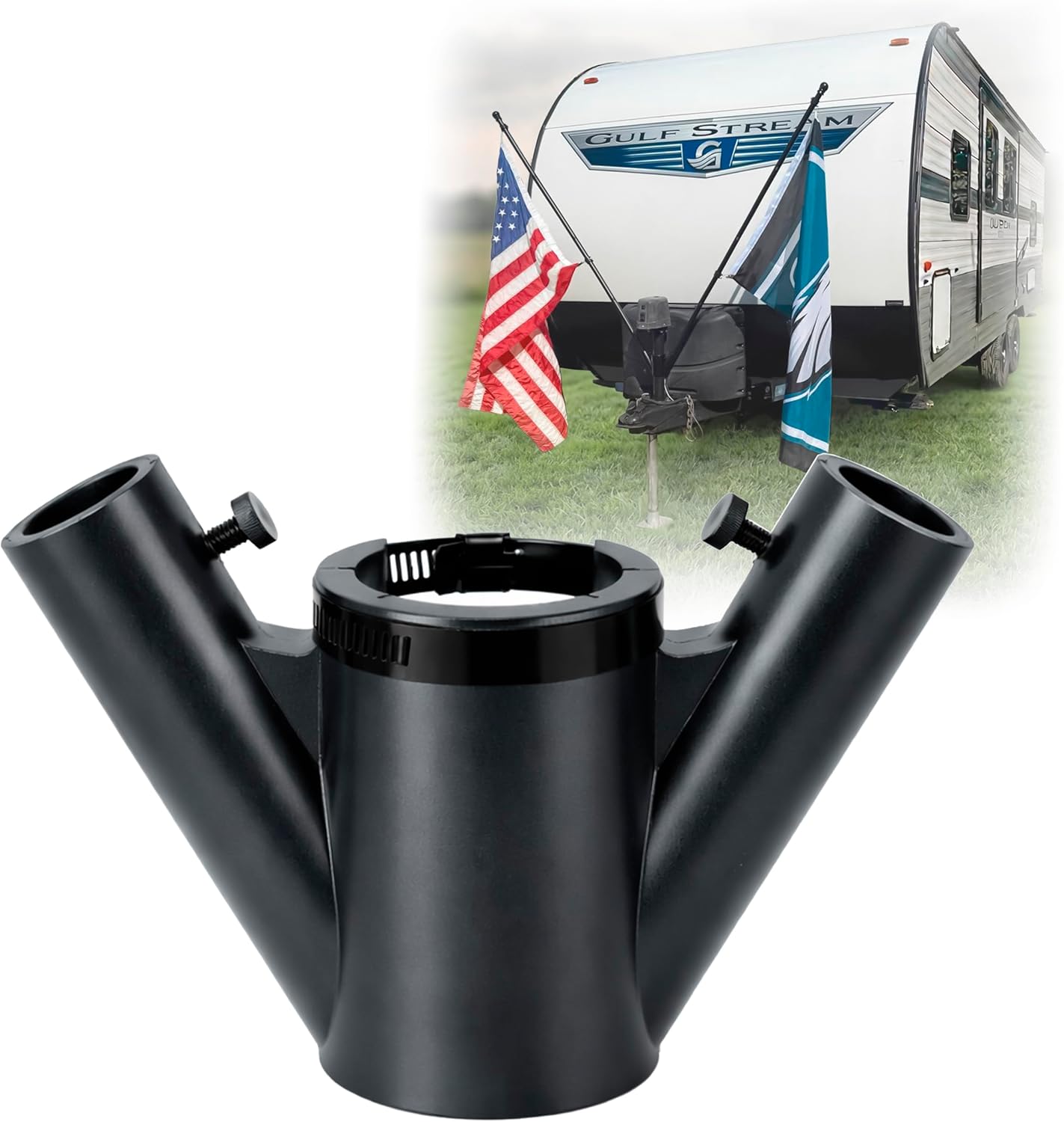 RV Flag Pole Mount for Tongue Jack – Double Flagpole Holder for Camper Trailer Front | Travel Trailer Accessories for Outside | No-Drill Installation for Campsite Use