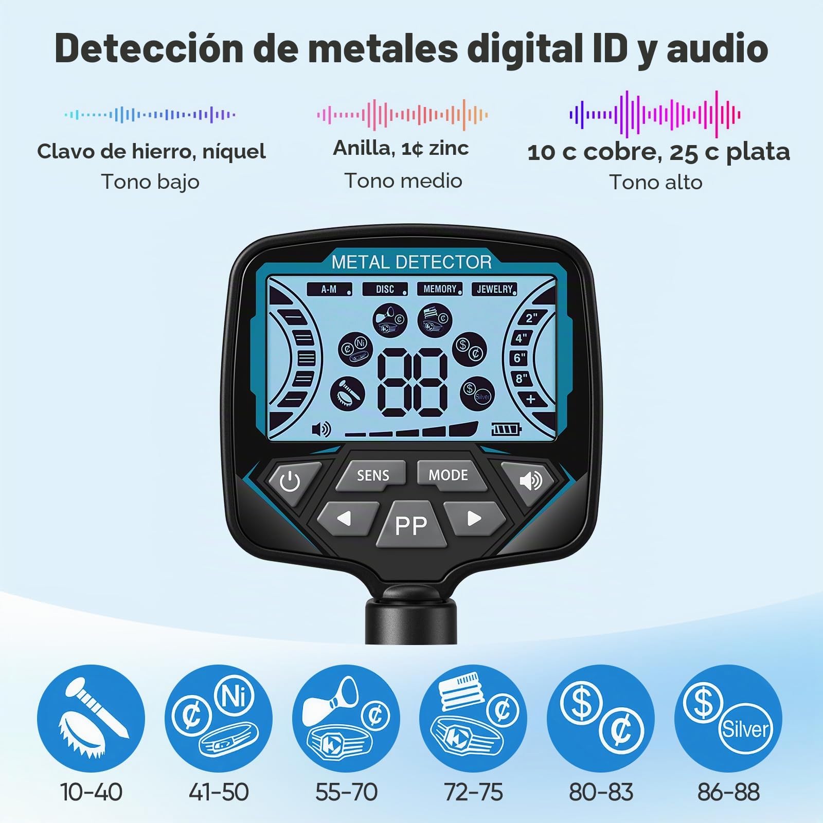 Detector de Metales para Adultos y Niños, Longitud, Sensibilidad y Audio Ajustables, Todos los Modos Metal/Disc/PP, Pantalla LCD, Kit de Detector de Oro Profesional para la Playa (GT965H)