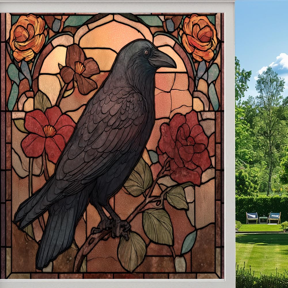 Abstract Crow Frosted Window Film, Rose Flower Branch Raven Stained Glass Privacy Film, Heat Insulation Self-Adhesive Vinyl for Bathroom Office,（80x140cm）