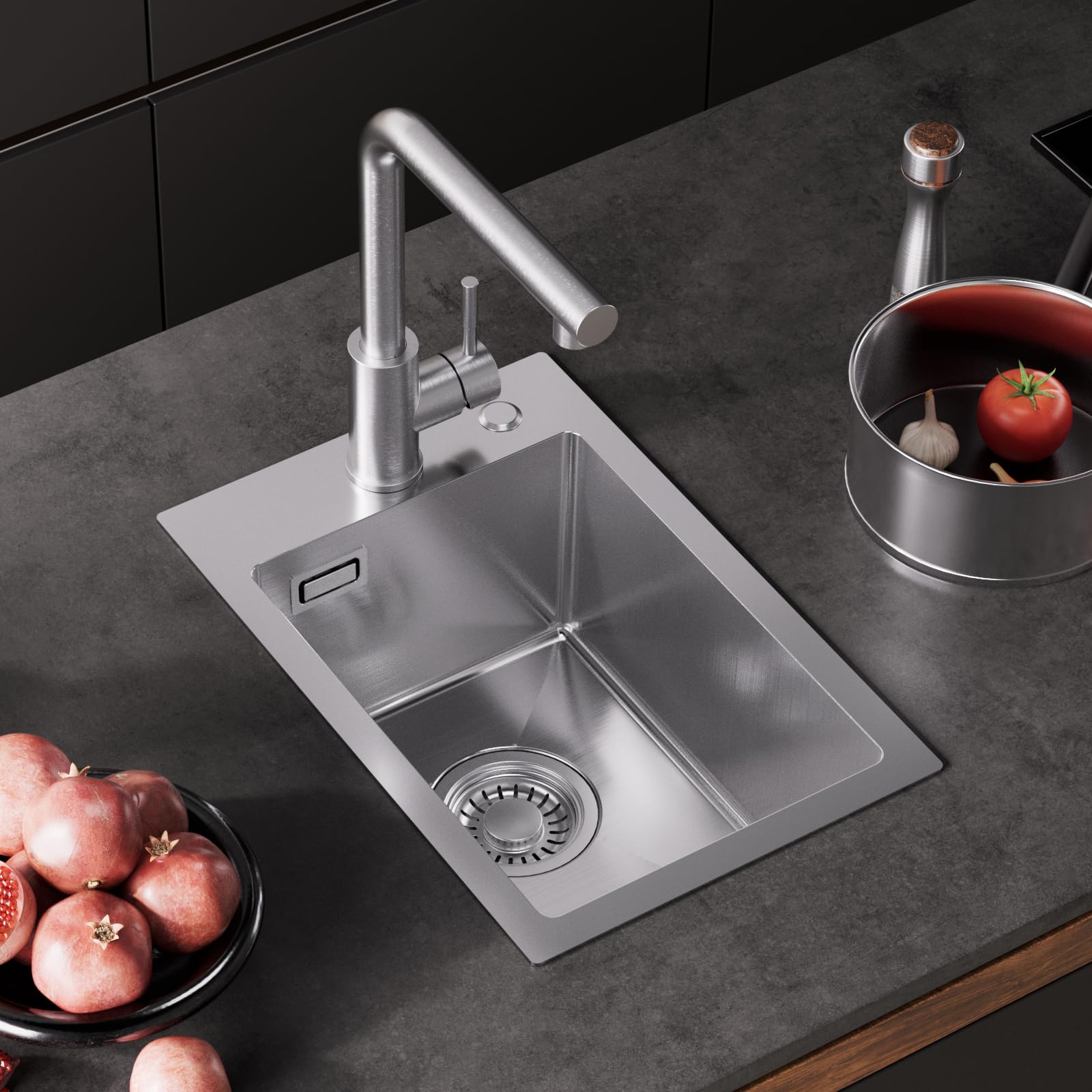 CECIPA Lavello Cucina 1 Vasca 30 x 45cm, Lavandino Cucina in Acciaio Inox quadrato, Lavabo Piccolo Montaggio Incasso o Superiore, Superficie Spazzolata, con Sifone