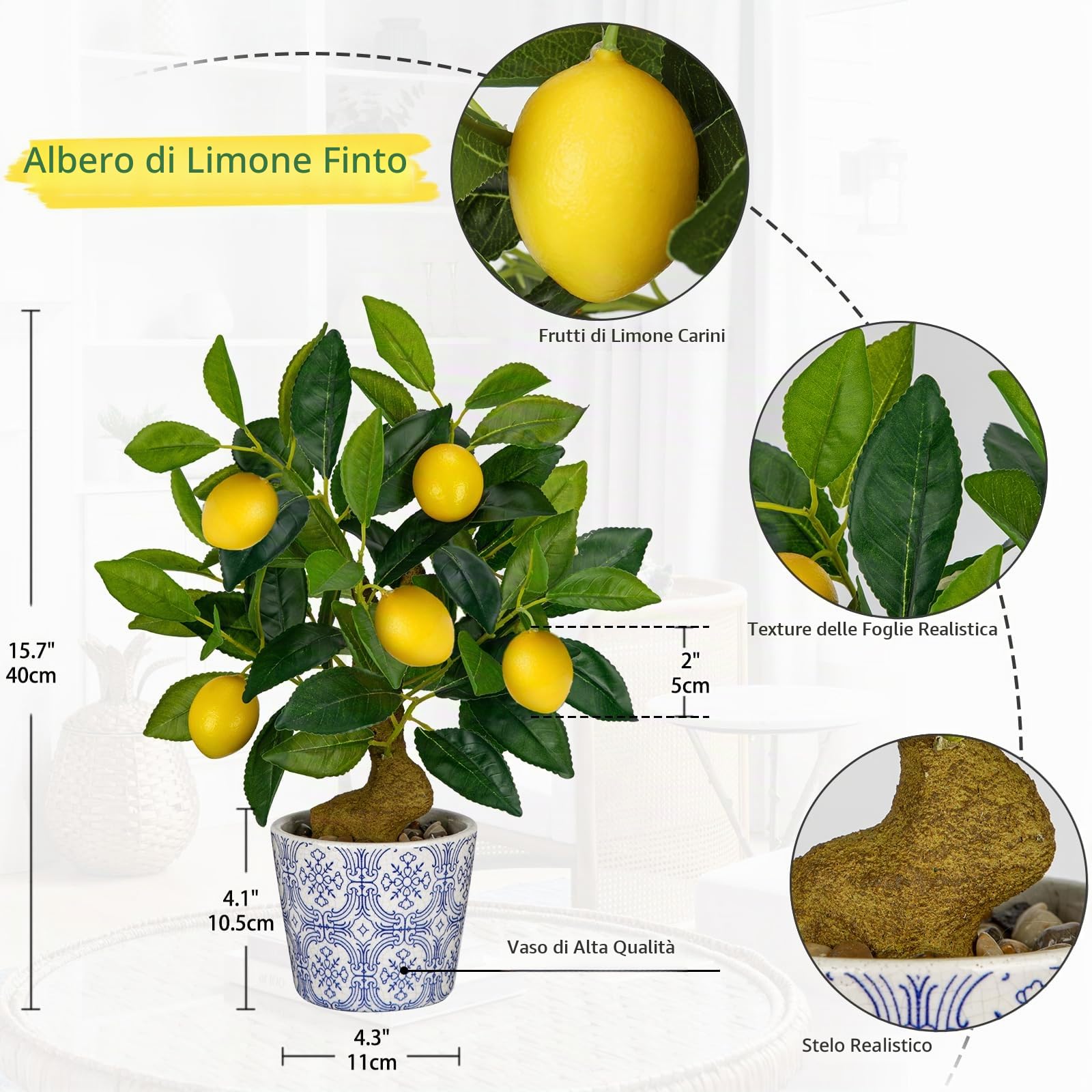 Hollyone Pianta artificiale di limone in vaso, pianta finta decorativa in vaso, piccolo albero di limone finto per camera da letto, soggiorno, bagno, scrivania, tavolo, cucina, decorazione per la casa