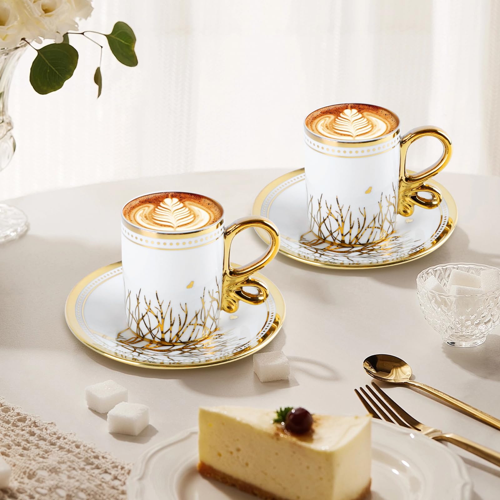 Türkische Kaffeetassen Set,12-teiliges Karaca Kaffeetassen Set, 6 Espressotassen und 6 Untertassen, Karaca Kahve Fincan Seti, Kaffeeservice, Porzellan Tassen, Mokkatassen(Weißgold)