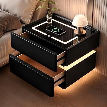 Smart Nightstand with Wireless Charging, Black Nightstand with LED Sensor Light, Smart Solid Wood Bedside Table with Drawers, Modern Bedside Table for Bedroom