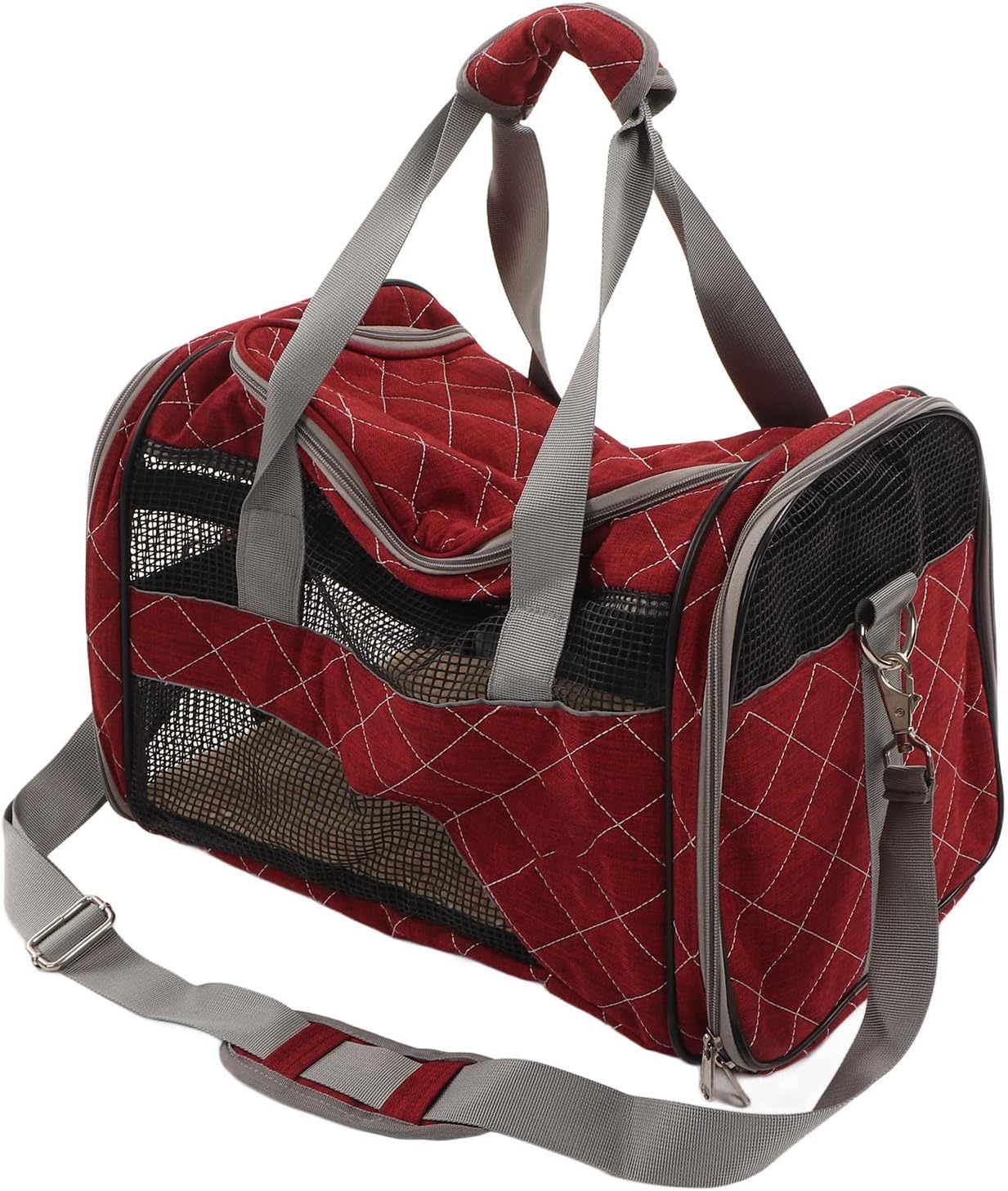 Collapsible Dog Carrier Travel Bag, Portable Pet Carrier for Small Dogs and Cats, Breathable Multi Grid Design with Extra Large Window, Foldable Puppy Carrier with Reflective Webbi (Burgundy)