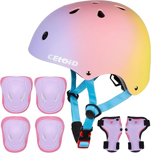 Juego de almohadillas para casco de bicicleta, patinaje para niños, rodilleras y coderas, muñequeras para niños de 5-8-10-12-14-16 años para niñas,