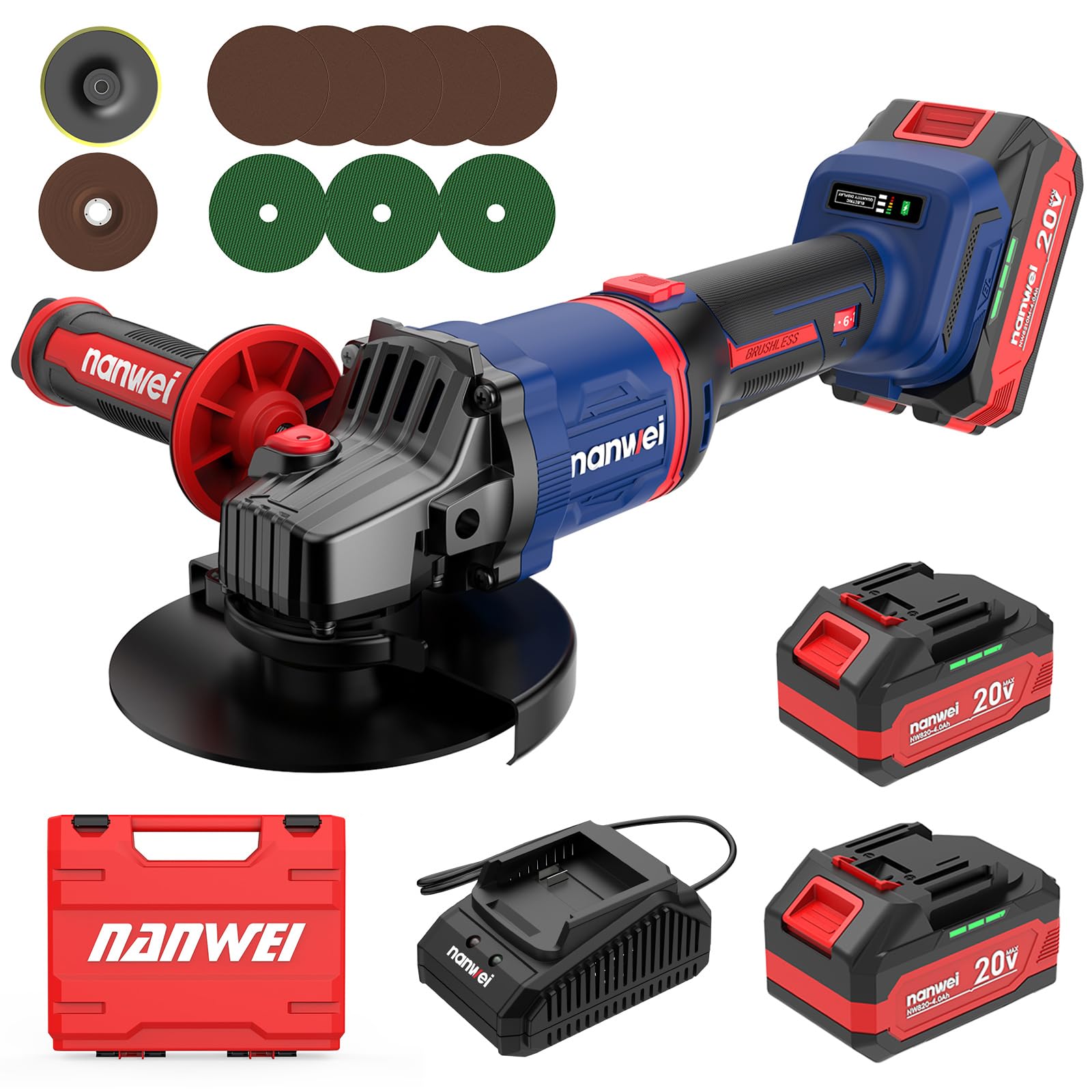 NANWEI 125mm Angle Grinder Tool Cordless Brushless,7 Variable Speed Angle Grinder,2 x 4.0Ah 20V Battery,Max 9800rmp,for Cutting Grinding Polishing（Battery Set）