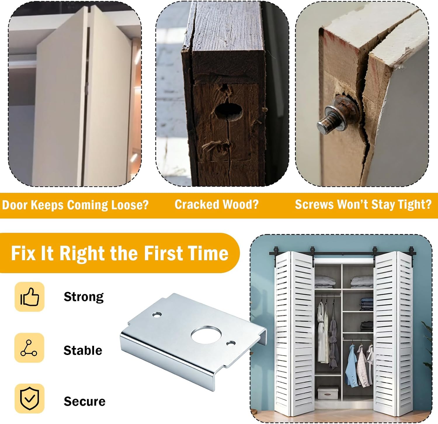 Bifold Door Repair Kit for Closet Doors, 3 Reinforced Brackets with Pivot Pins & Guide Wheel, Fix Cracked Wood Doors, Fits 1-3/8" Thick Doors (7/16" Pivot)