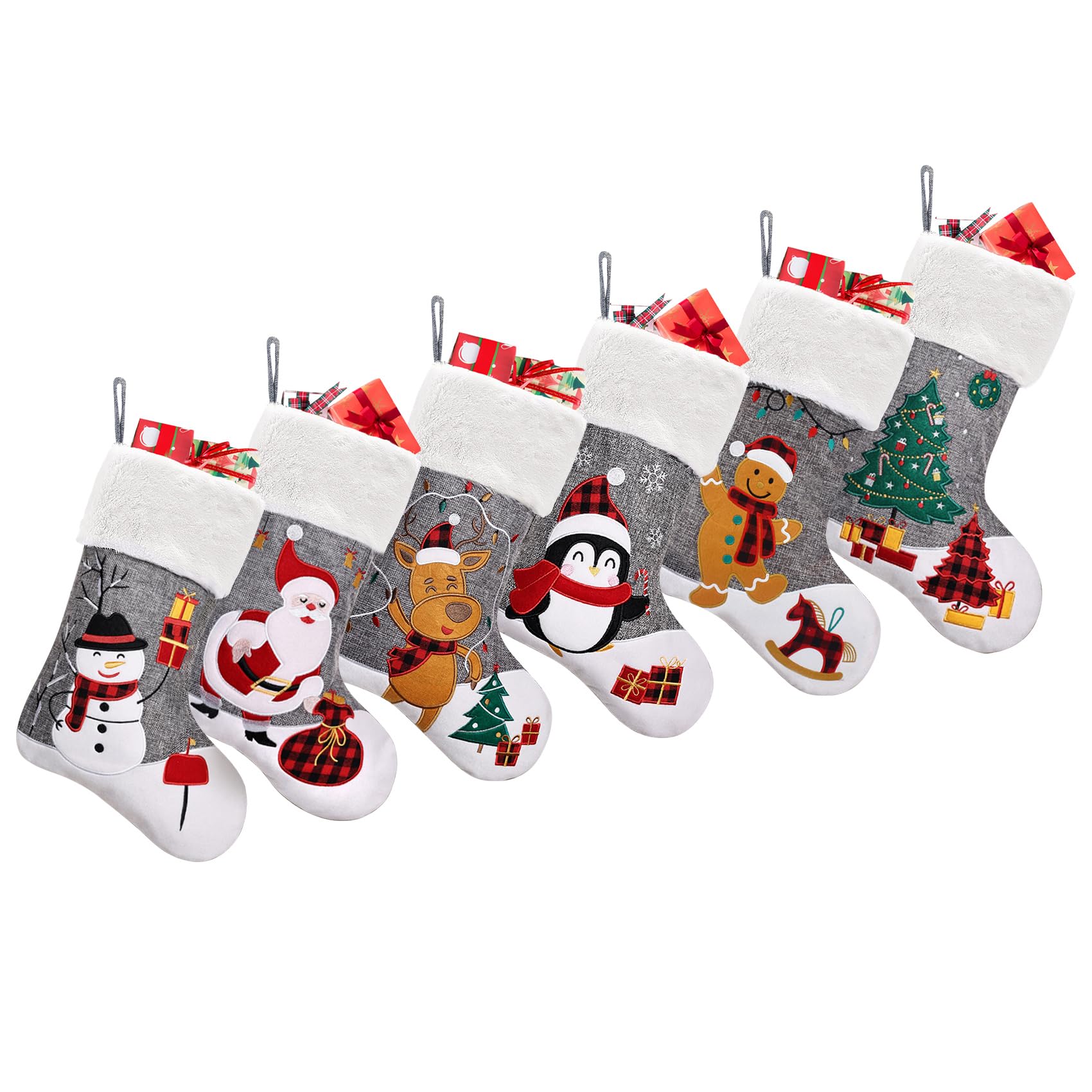 CARAKNOTS Weihnachtsstrümpfe Set mit 6 grauen Jute-Weihnachtsstrümpfen Kunstpelz große Strümpfe Weihnachten für Familie Kinder Weihnachtsmann Schneemann Elch Pinguin Baum Ingwer Xmas Bauernhaus Kamin