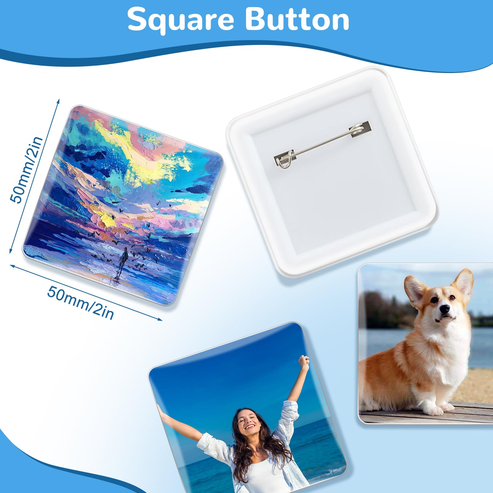 Juego de 100 piezas de botones cuadrados de 50 x 50 mm, kit completo de piezas de insignia de bricolaje con cubiertas de plástico, películas de PVC y cierres de metal para botones de fotos