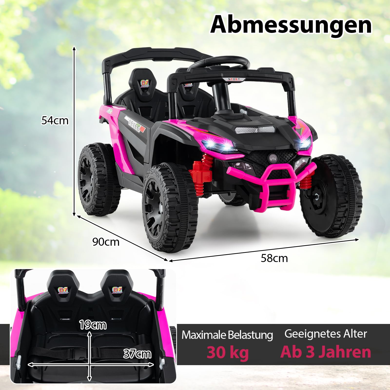 GOPLUS Elektroauto für Kinder, Elektrofahrzeug 12V, UTV-Truck mit Musik, Hupe, Scheinwerfer & Fernbedienung, Kinderfahrzeug mit Lenkrad & Pedal, Kinderauto für Kinder ab 3 Jahren (Rosa)