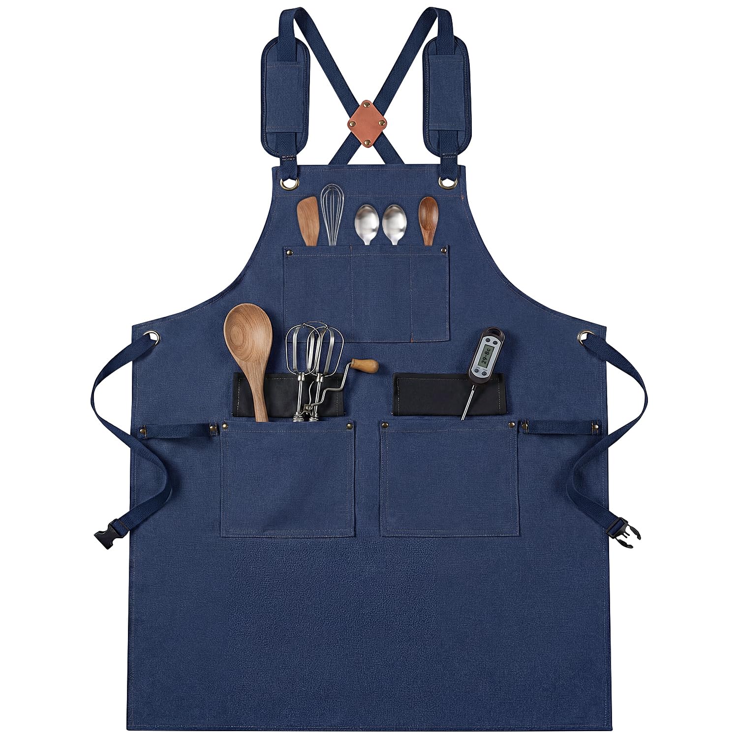 OWill Chef Apron for Men & Women，Adjustable Cross Back Kitchen Apron with Pockets, Heavy Duty Cotton Cooking Aprons for BBQ, Baking, Gardening, Pottery (Blue)