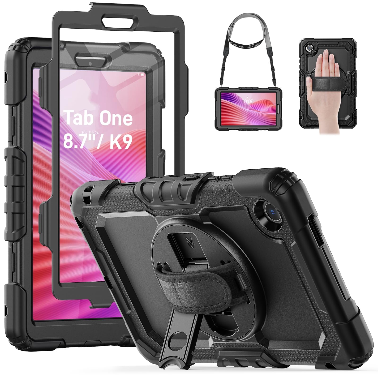 HXCASEAC for Lenovo Tab One Case 8.7 inch (TB-305FU), Full Body Protective Design, Screen Protector, Rotating Stand, Hand Strap, Carrying Strap,