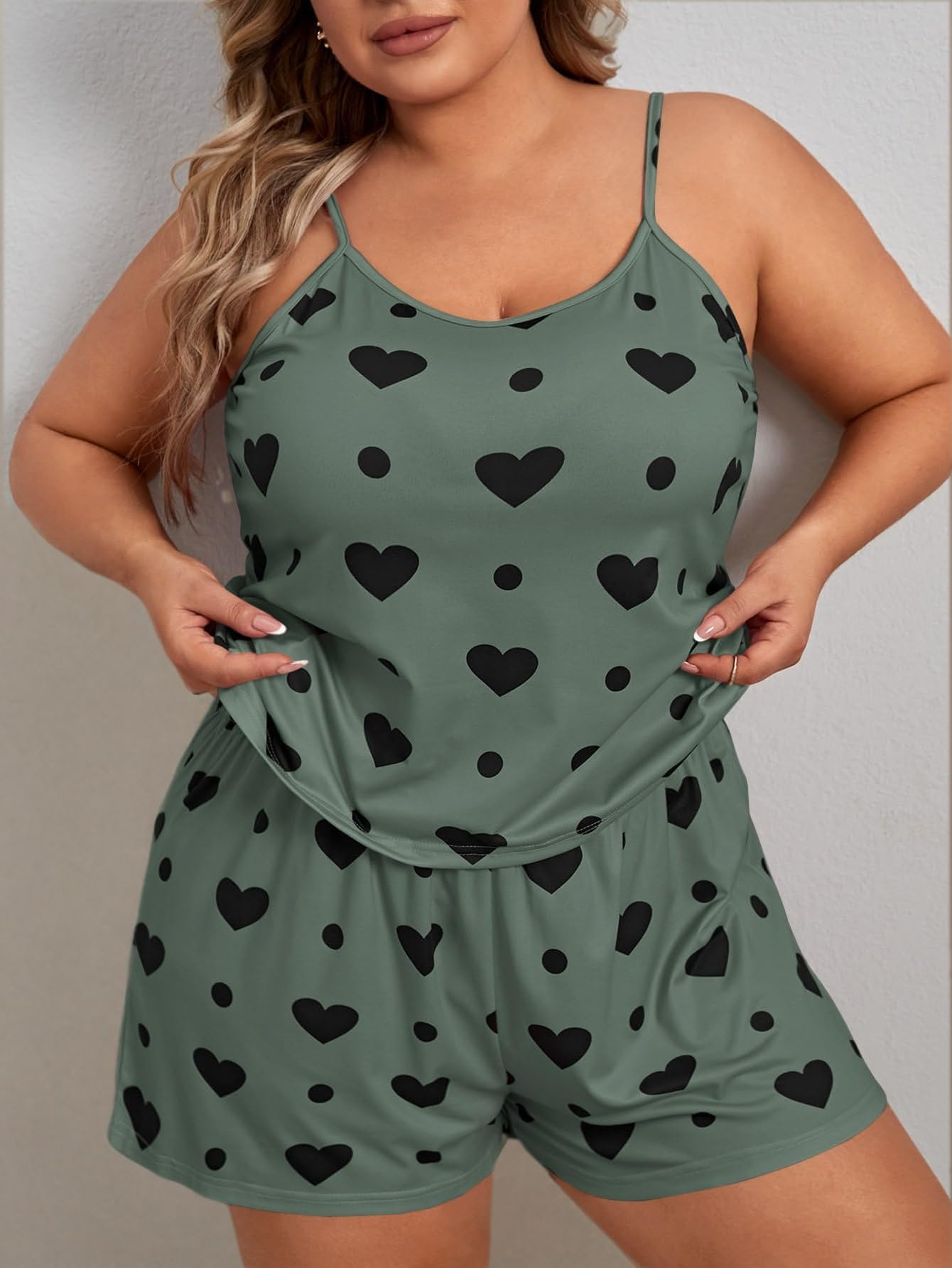 Women's Plus Heart Print Cami Top and Shorts Pajama Set Summer