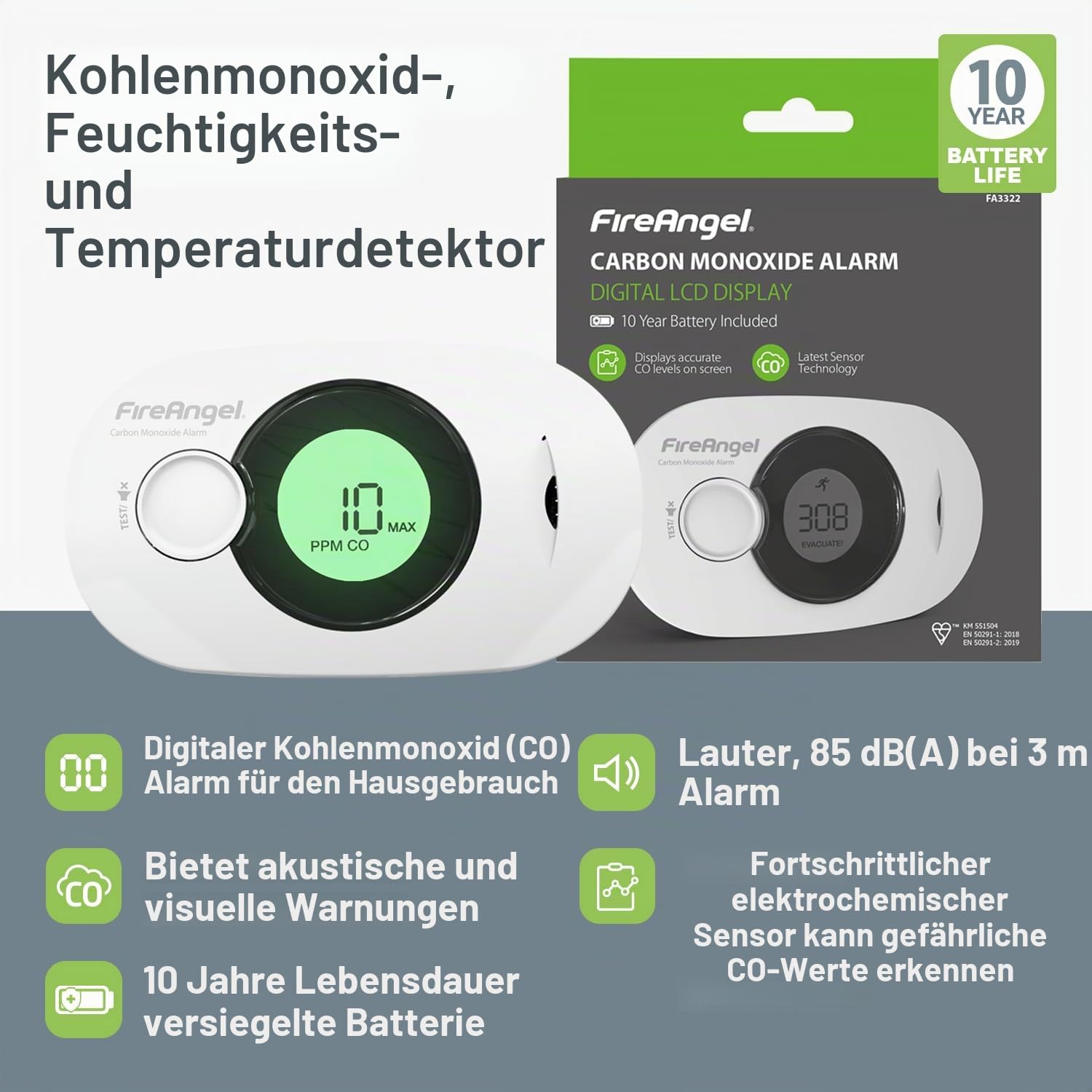 Fireangel FA3322 Digitaler CO-Alarm, 10 Jahre versiegelt, für Lebensdauer der Batterie, inkl. Temperatur- und Luftfeuchtigkeitssensor, Warnhinweise