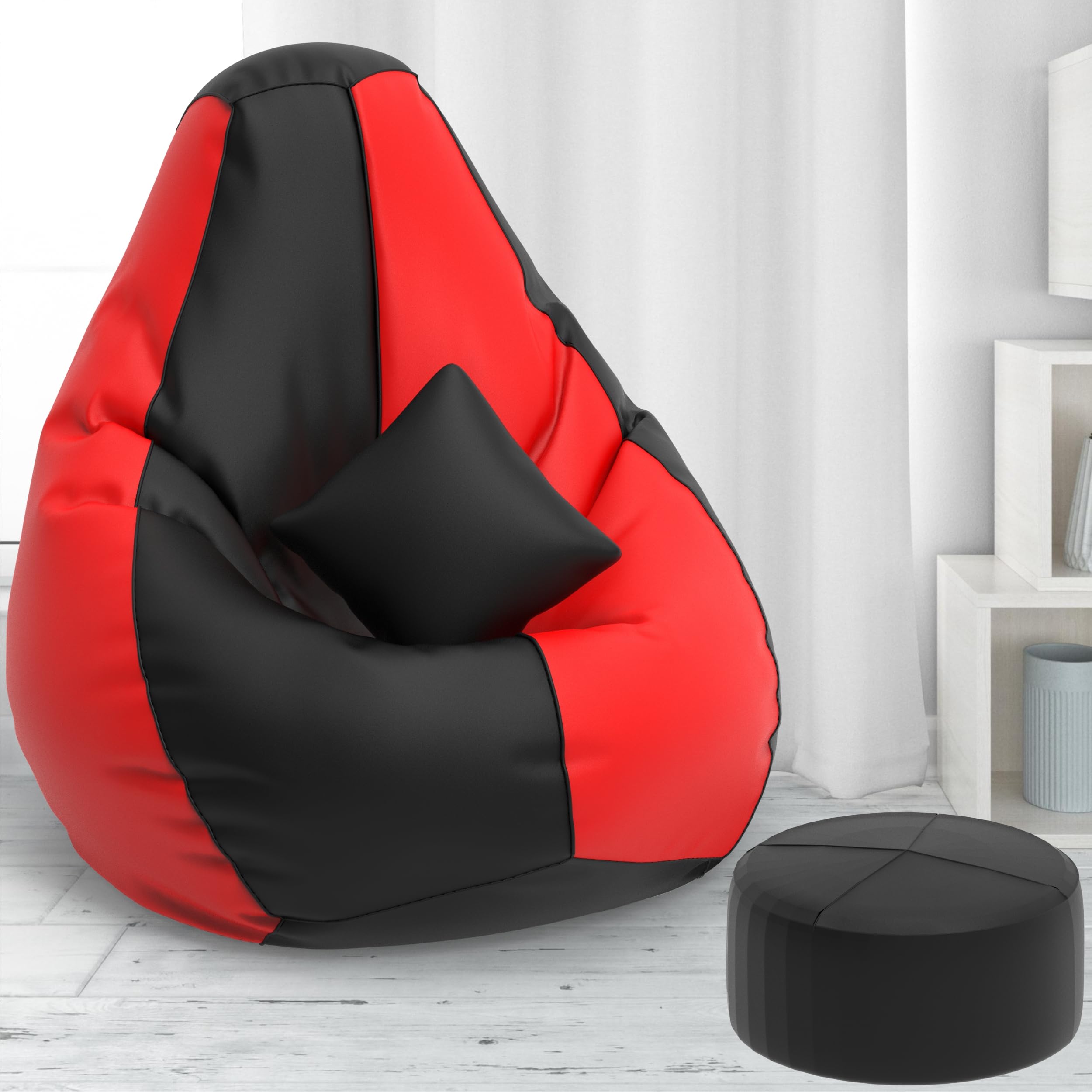 Biggie Bean Bag with Beans Filled 6XL Bean Bag with Free Cushion & Footrest - Official : ElegantPuffPod Combo (Matching Color : Regular, Black Red)