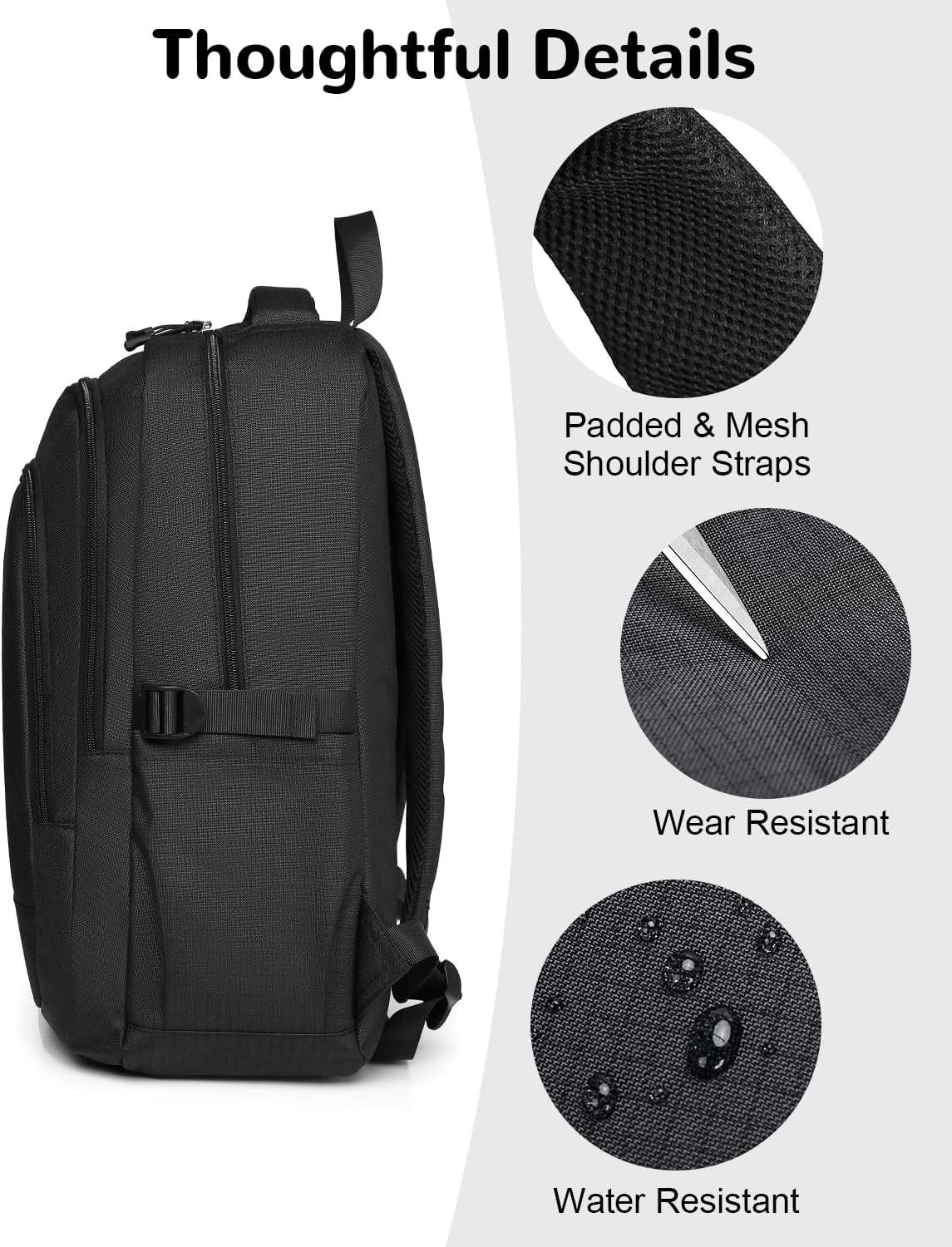 15.6" Laptop Backpack for Men, 20L Small Stylish Travel Backpack with Anti-theft Pocket, Black - Image 5