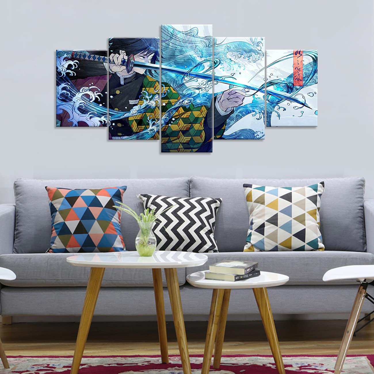ZHONGYUTONG 5 pezzi Demon Slayer Stampe su tela incorniciate Kimetsu Personaggio anime giapponese Tanjiro Poster Pittura HD per soggiorno (100x55cm)