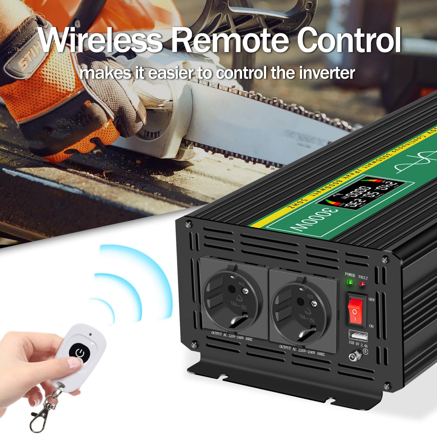 JIGUUN 3000W inverter 24V 220V onda pura Trasformatore con 2 prese EU e una porta USB 2.1A - Telecomando senza fili e display LCD Potenza di picco 6000W per camion camper emergenza