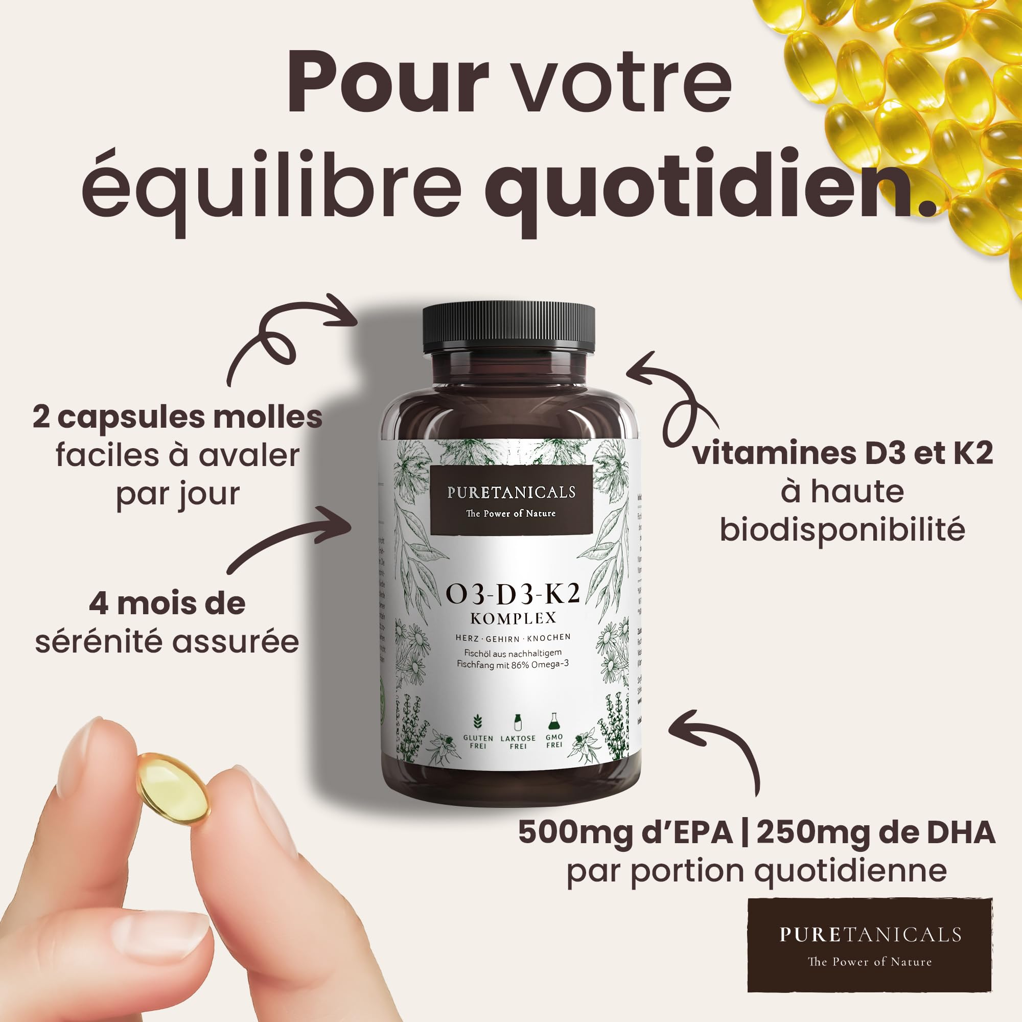 Oméga 3 + Vitamine D3 + K2 MK7 All-Trans - Premium Essentiels O3-D3-K2 Complexe à Haut Dosage - Huile de Poisson aux Acides Gras EPA & DHA, Vit D3 K2 | Omega3 Gouttes | 240 Gélules