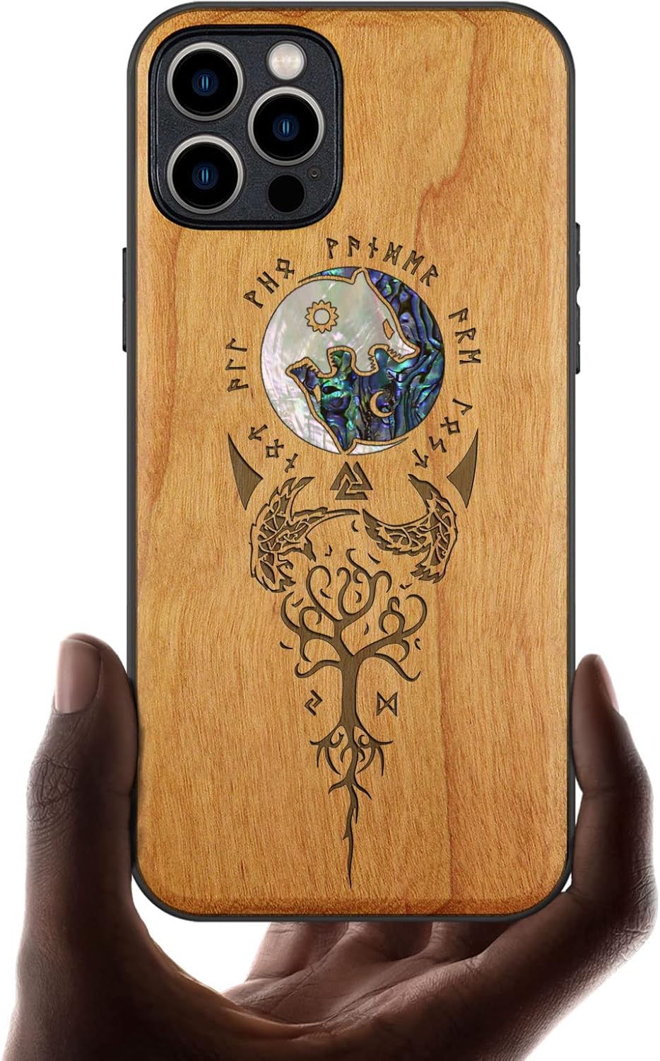 Carveit Designer Wooden Protective Case for iPhone 12 Pro Max Magnetic Cover [Wood Engraving & Shell Inlay] Wood Phone Case Compatible with 12 Pro Max MagSafe 6.7 Inch (Wolf-Walnut)