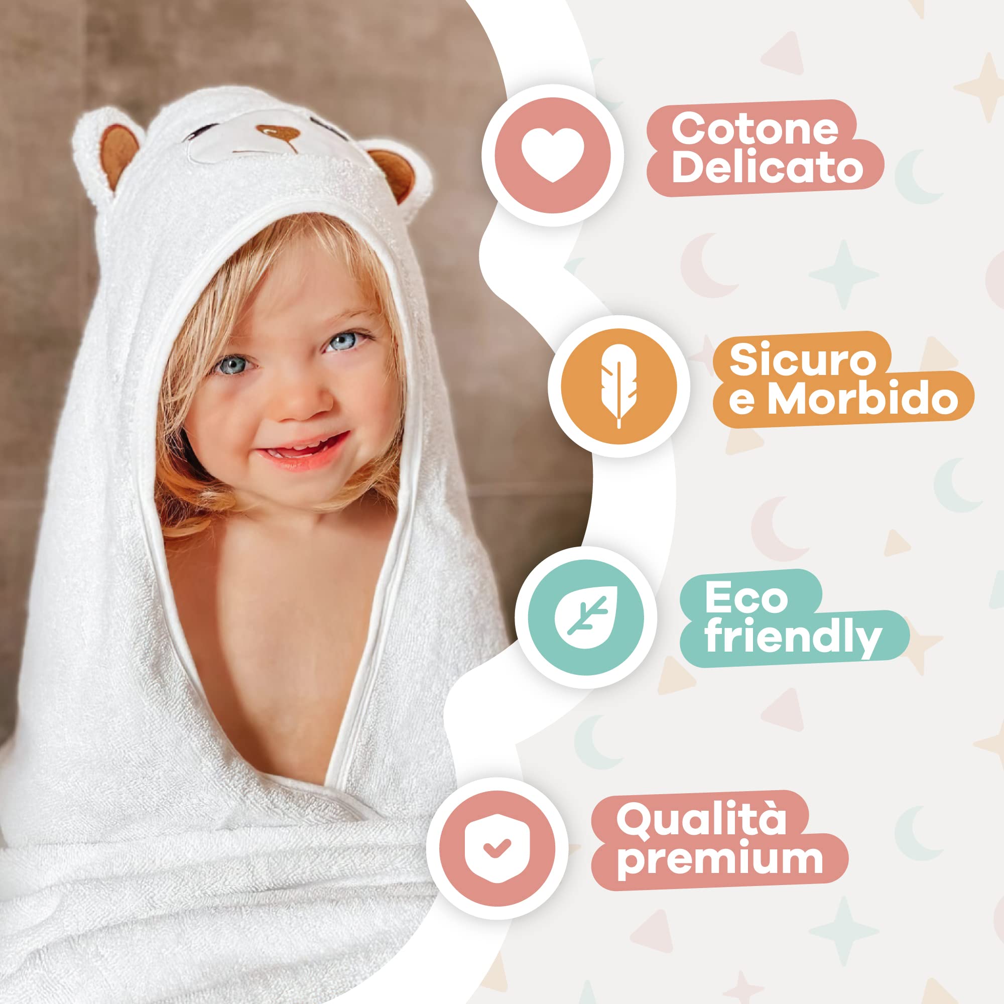 Accappatoio Neonato 6-12 mesi fino a 5 anni 90 x 90 cm, Asciugamano Neonato Bagnetto 100% Cotone Naturale, Soffice e Delicato per la Pelle- Accappatoio bambino a forma di orsetto (Orsetto)