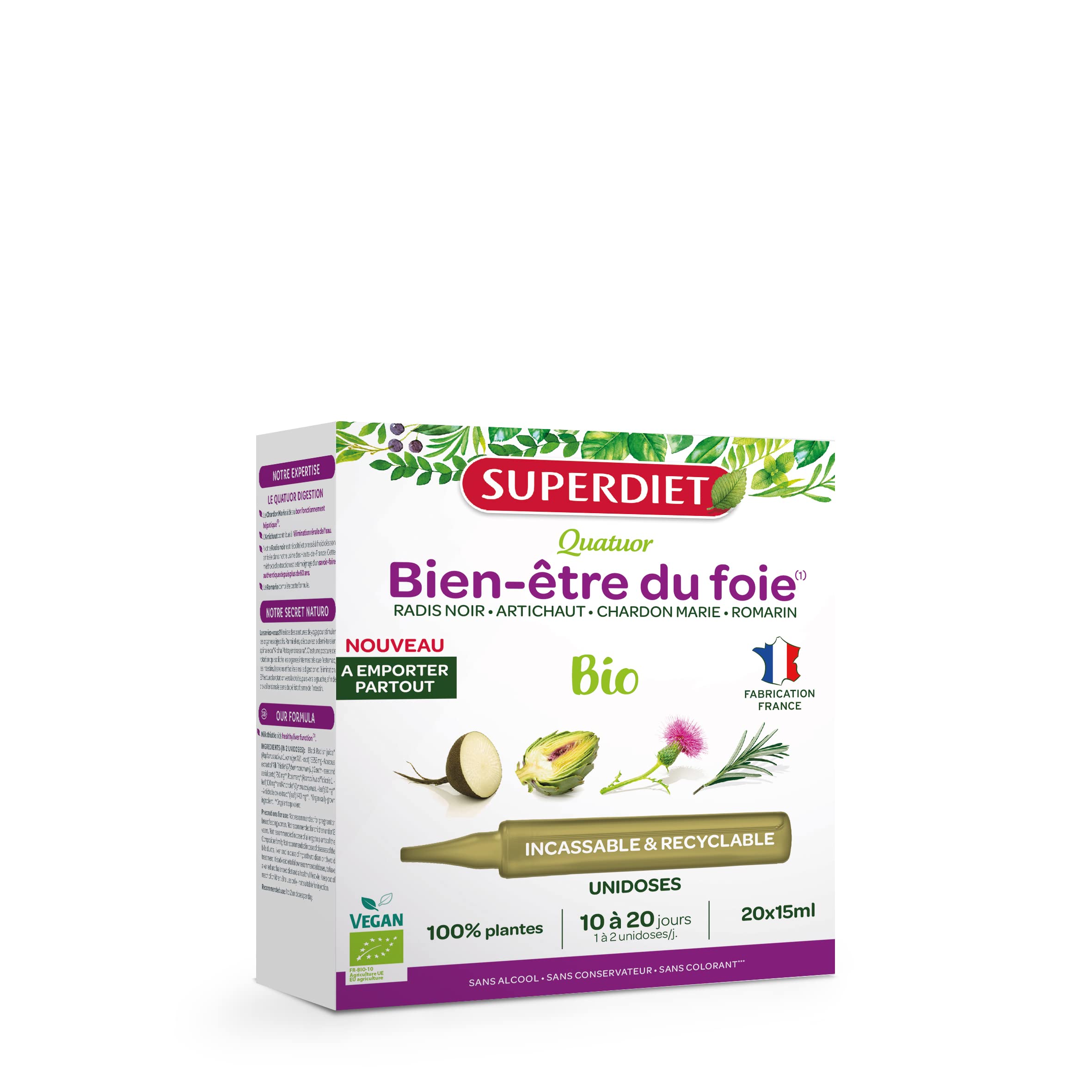SUPERDIET -Quatuor Organic Digestion-Liver Well-Being - Black Radish, Artichoke, Milk Thistle, Rosemary - Travel Format - 20 Single Doses of 15 ml
